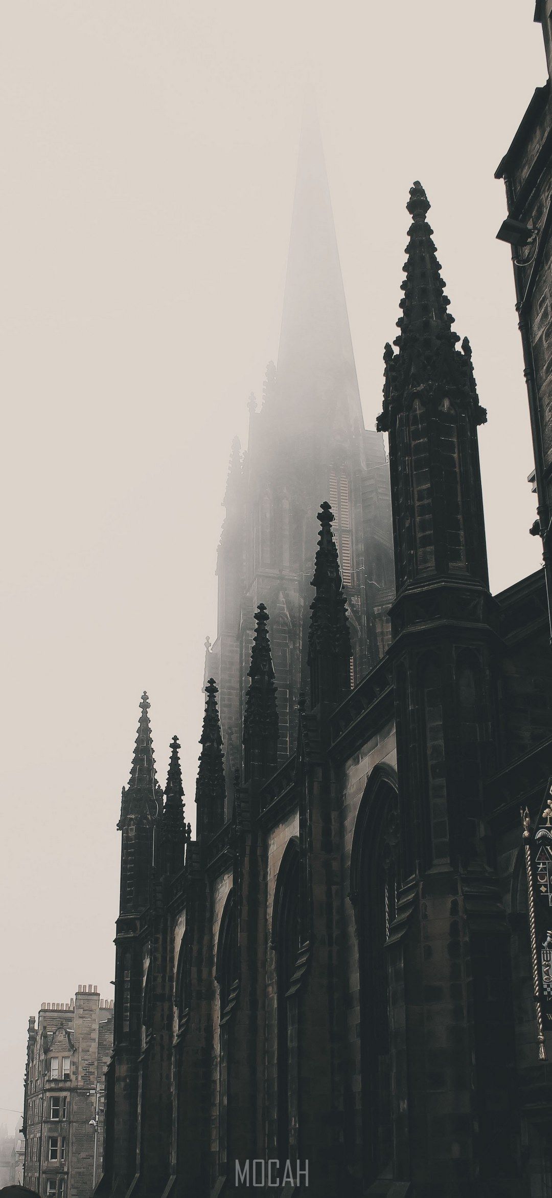 monochromatic gothic cathedrals line the history streets of edinburgh, foggy street in edinburgh, Xiaomi Mi 9 Pro wallpaper full hd, 1080x2340 Gallery HD Wallpaper