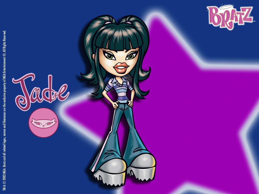 A cartoon image of a girl with green hair and purple striped shirt - Bratz