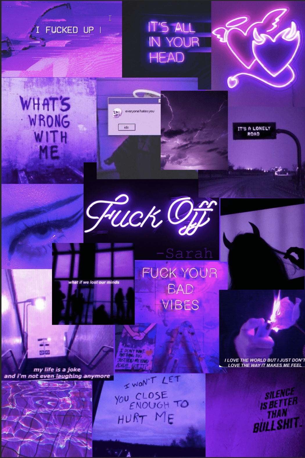 A collage of purple aesthetic pictures with the words 