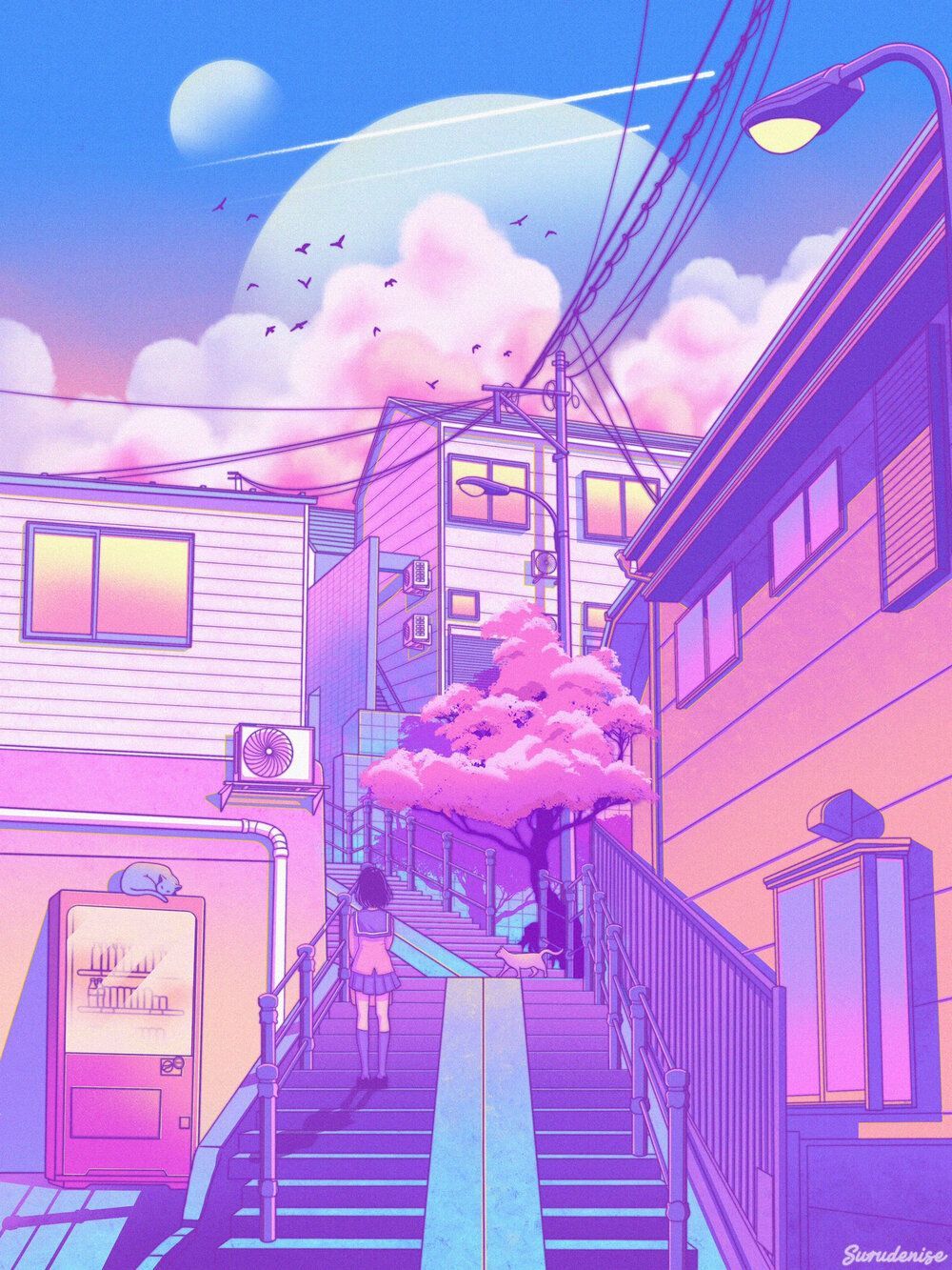 Aesthetic anime background of a girl walking down stairs - Japan, Japanese