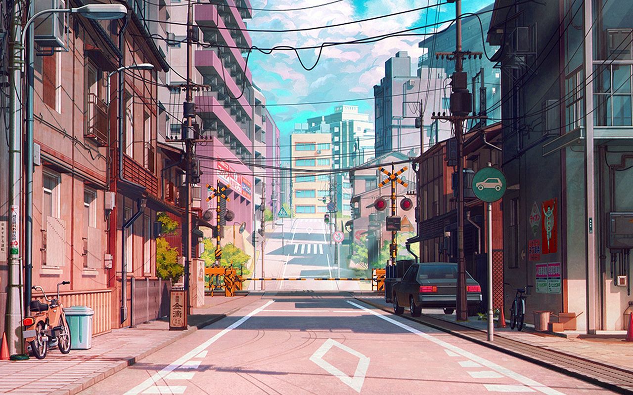 An anime style painting of a street with tall buildings on either side. - Japan, Japanese