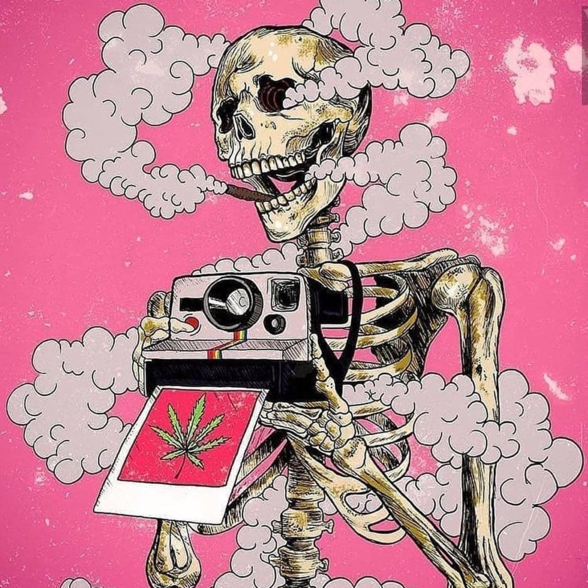 A skeleton holding an instagram camera with smoke coming out of it - Skeleton