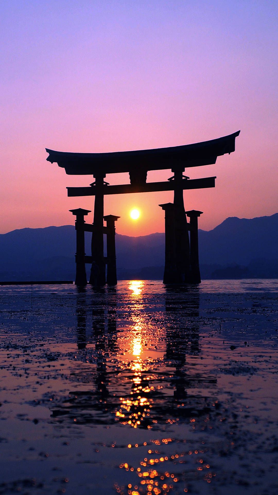 Torii gate in the water during sunset - Japan, Japanese