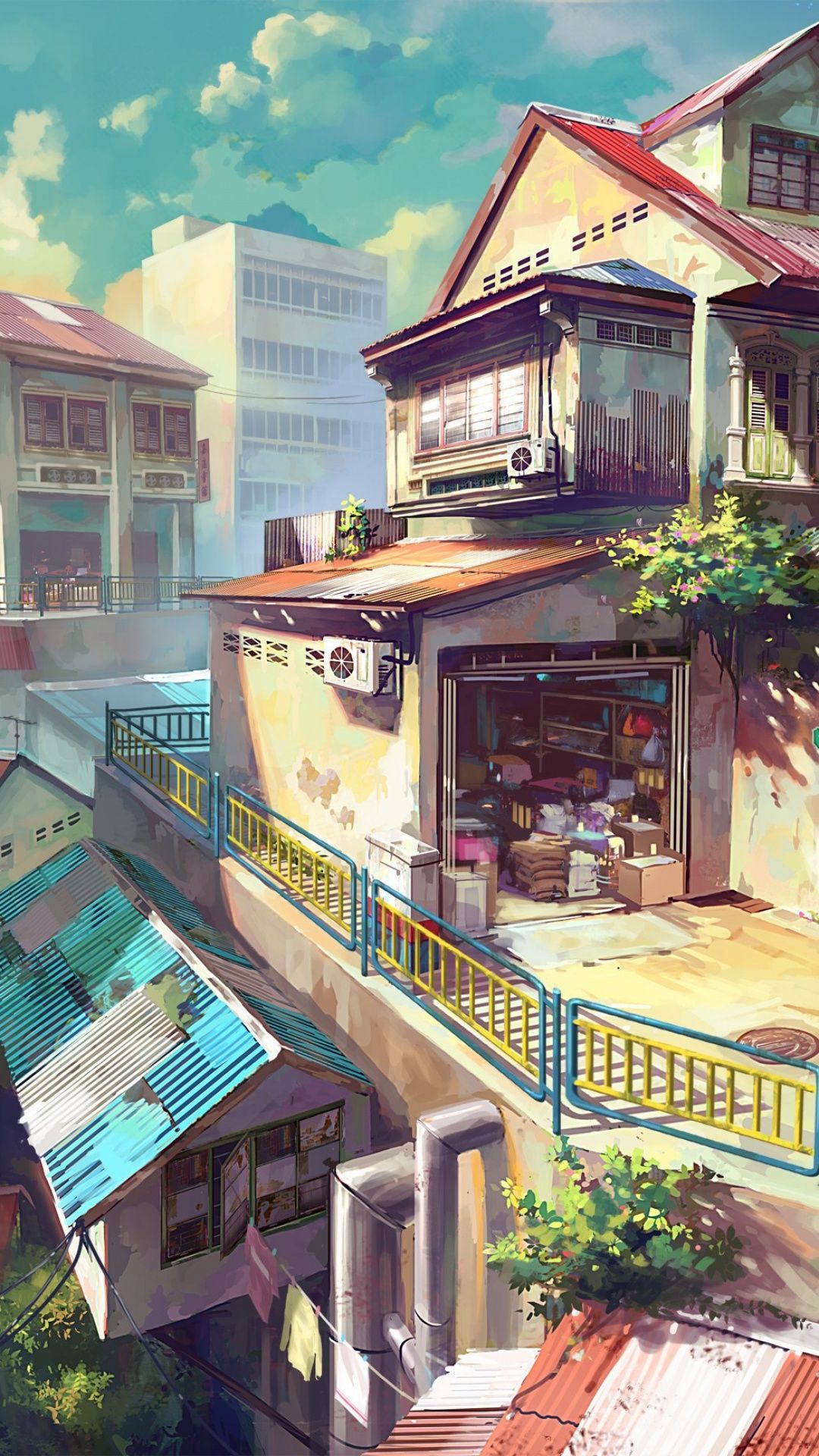 A painting of houses and buildings in the city - Japan, anime city