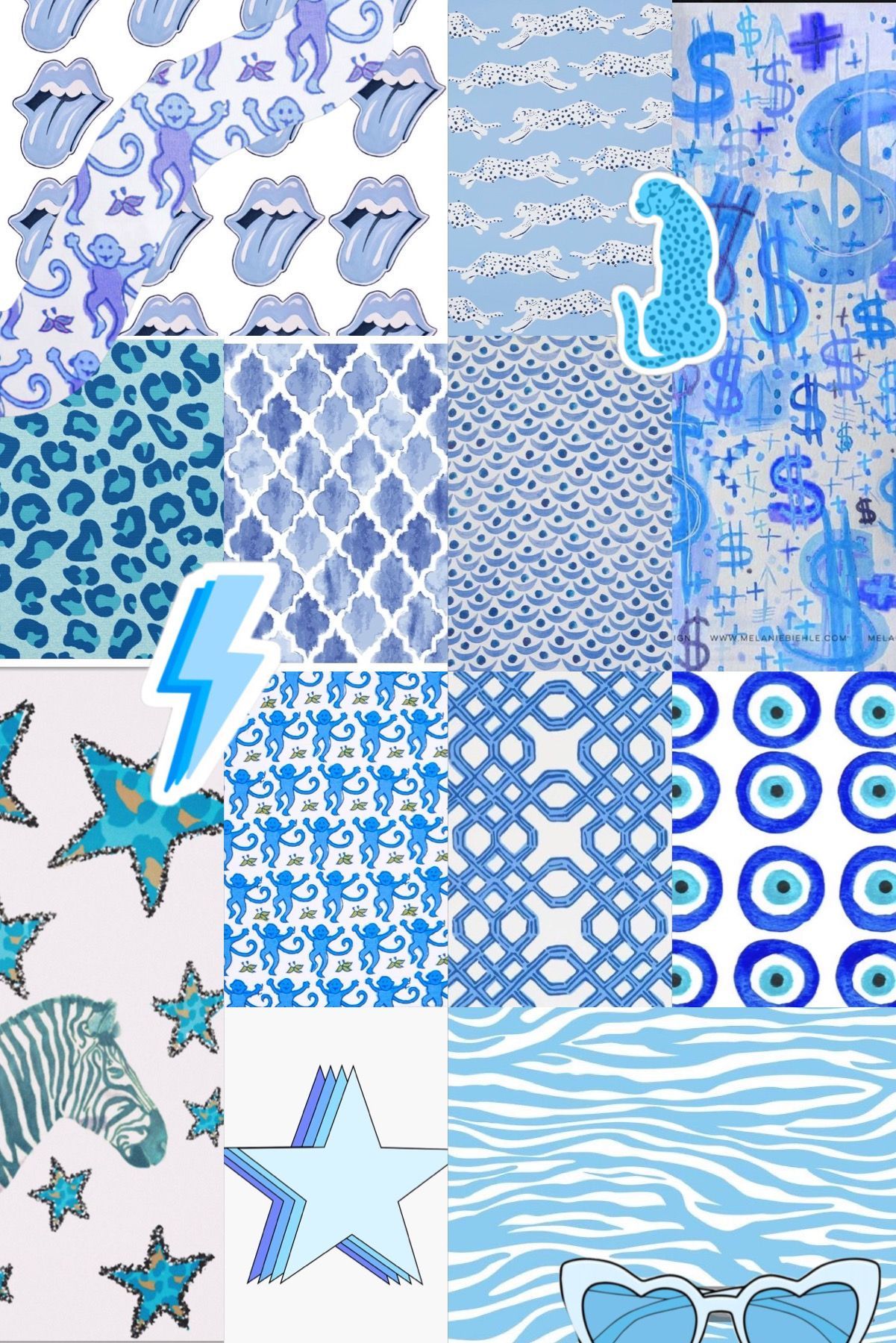 A collage of blue and white patterns including stars, zebras, and lips. - Preppy, Rolling Stones