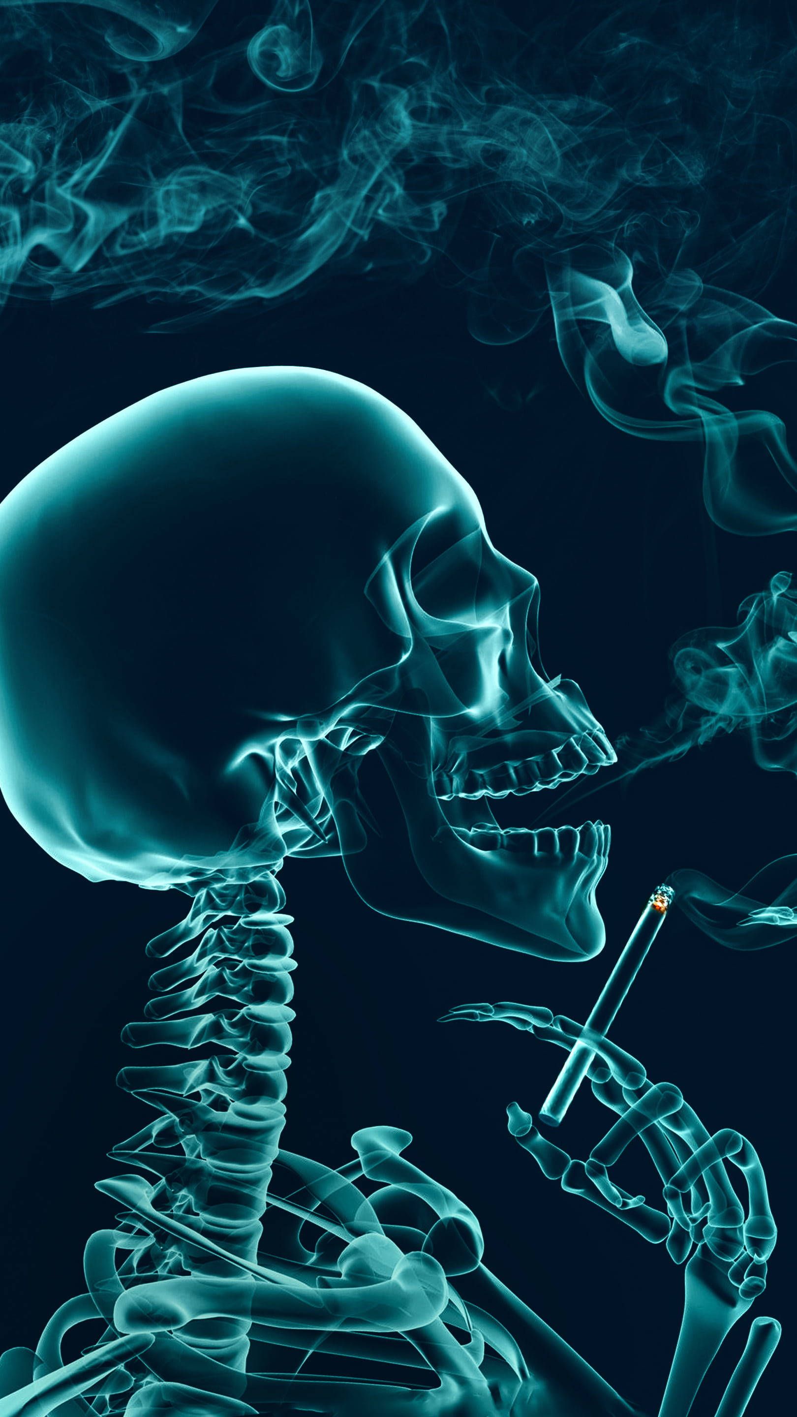 A skeleton smoking cigarette in dark room - Skeleton, anatomy