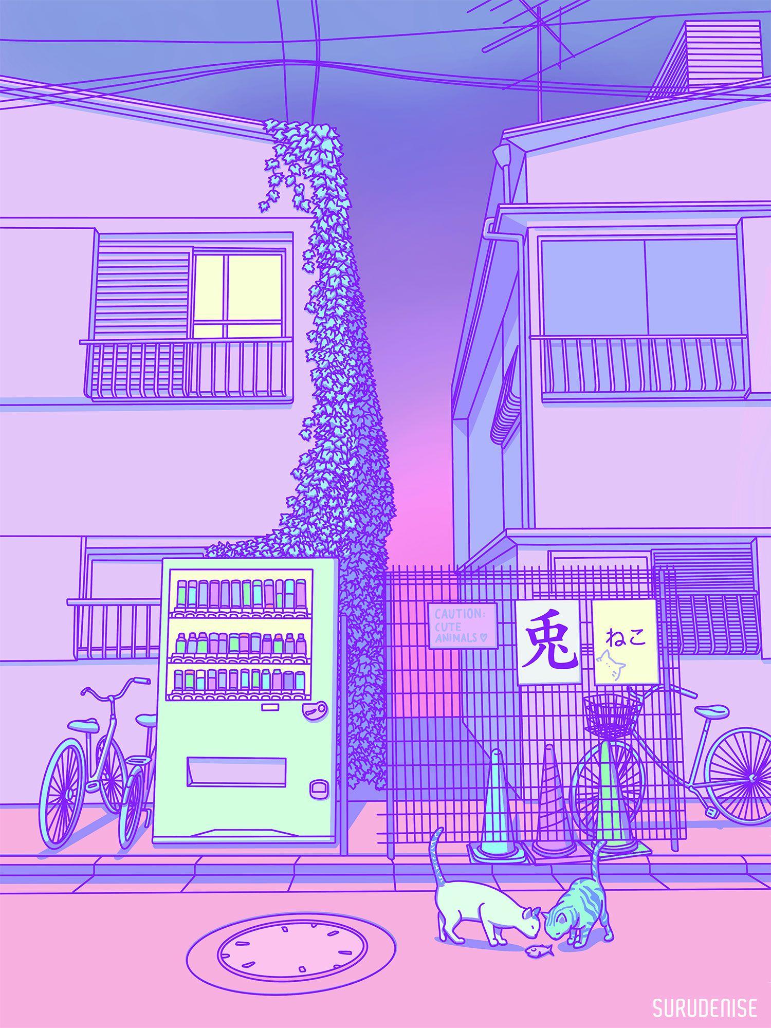 A digital illustration of a Japanese street scene at sunset. - Pastel purple, Japan, Japanese