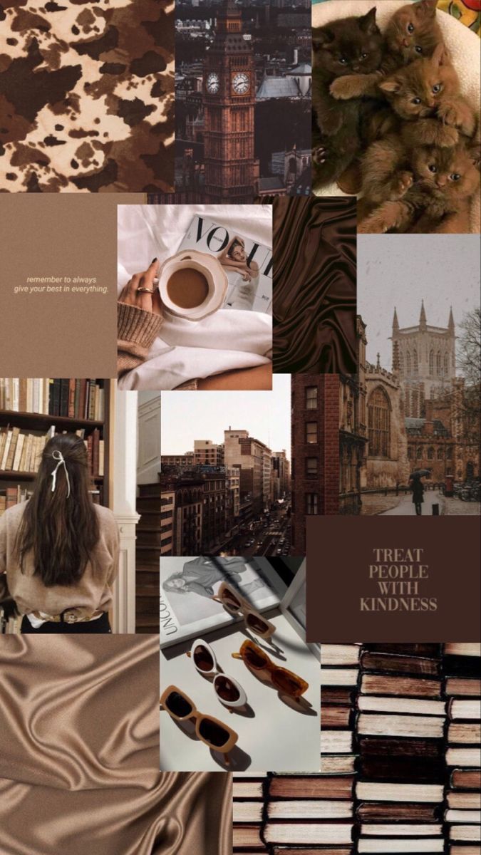 A collage of photos including a cat, books, coffee, a clock, and a city. - Brown