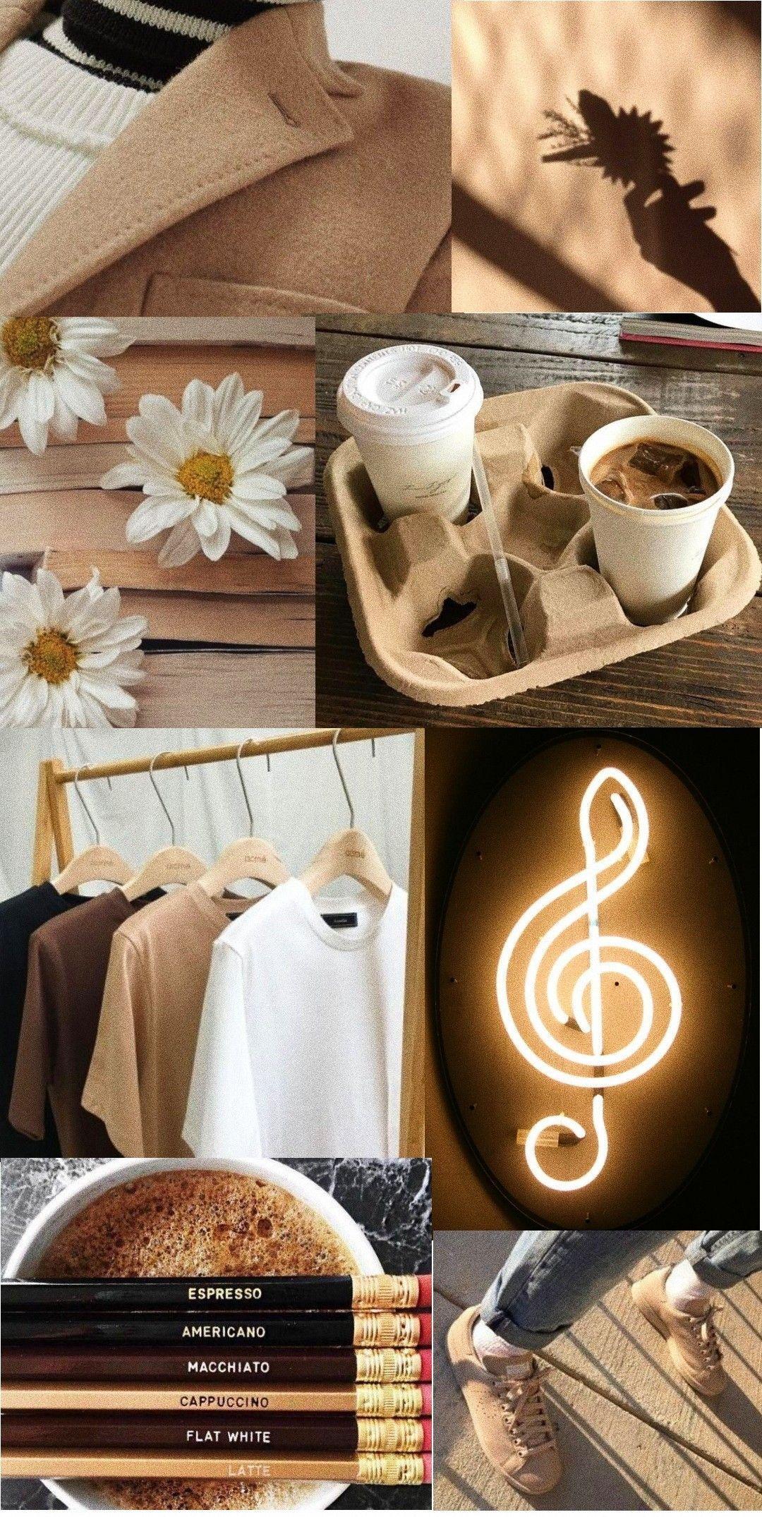 A collage of pictures with different items in them - Light brown, brown, coffee