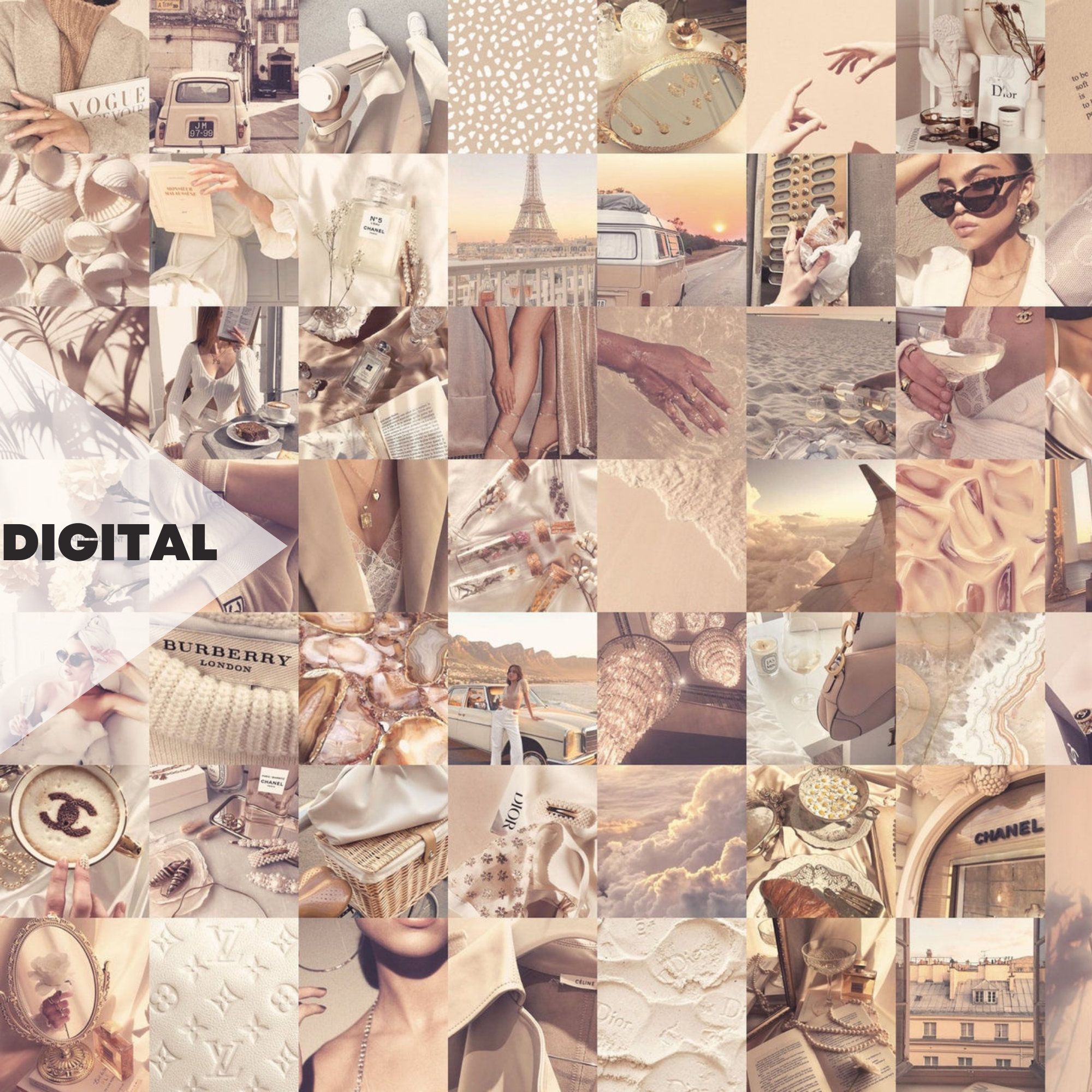 Aesthetic collage with beige and white pictures of fashion, travel, and luxury. - Beige