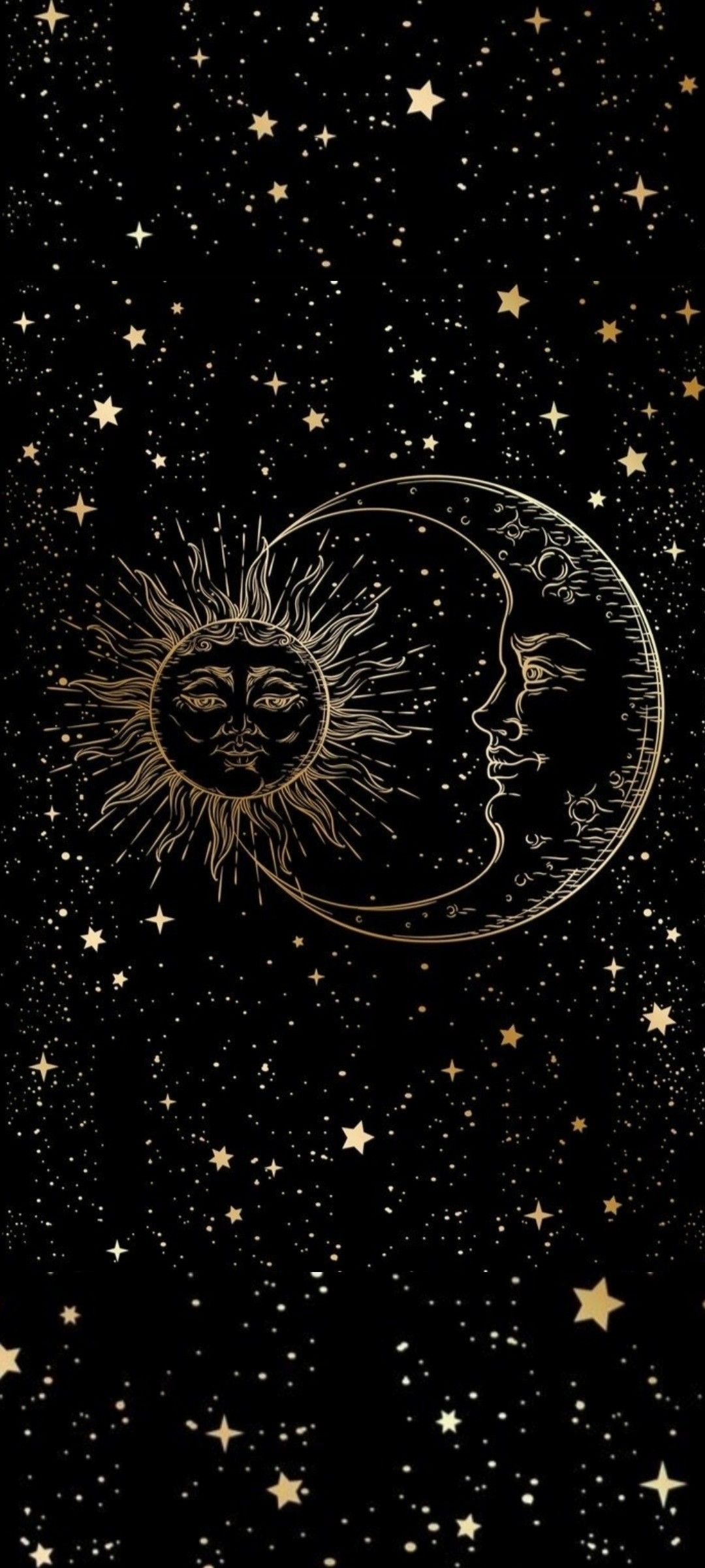 The sun and moon in gold on a black background - Moon, sun, sunlight, 1080x2400