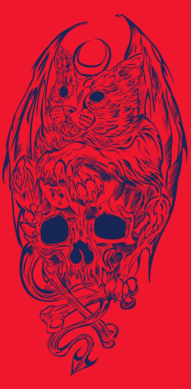 A skull with wings and horns on red background - Skeleton