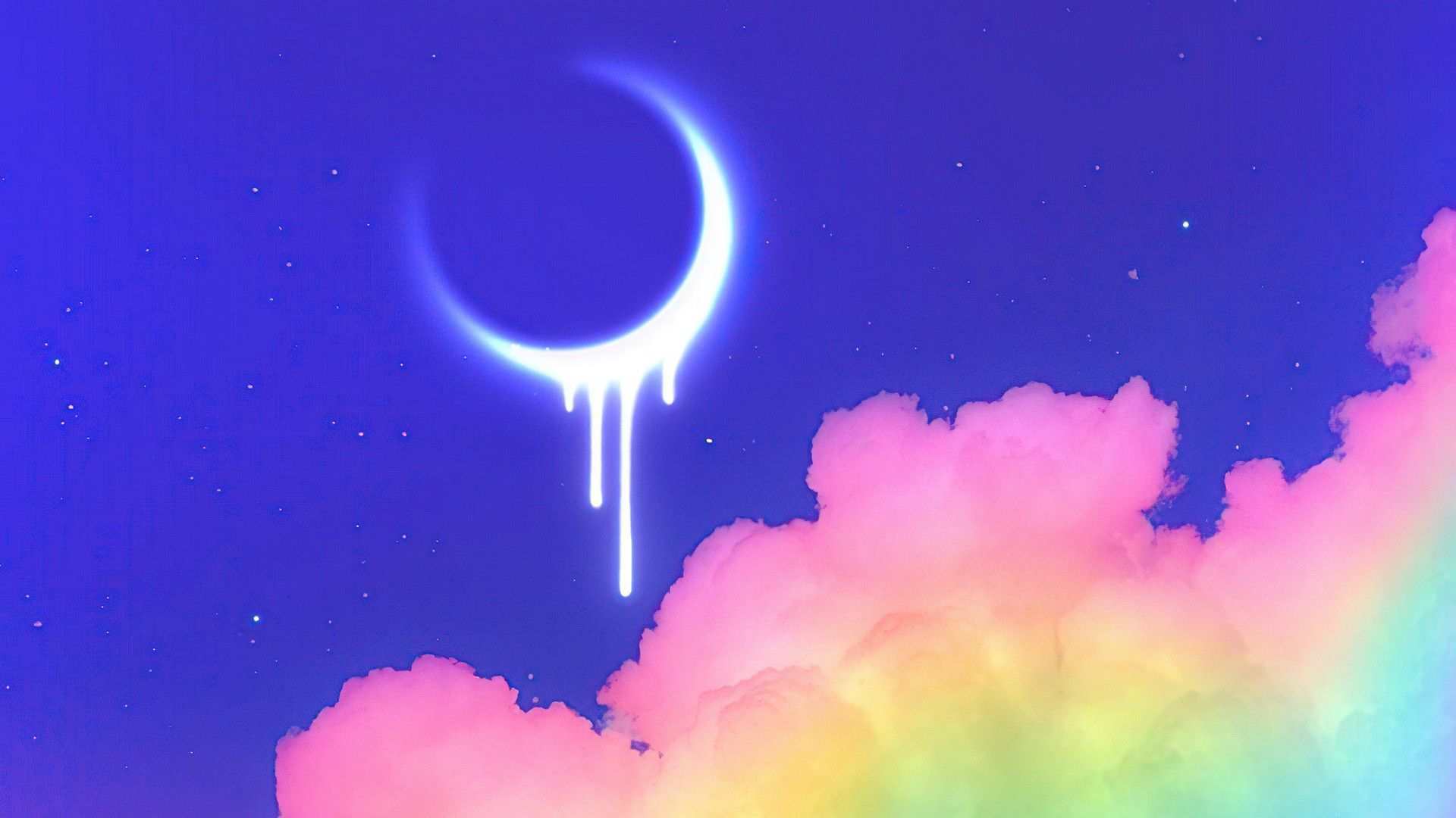 A rainbow colored sky with clouds and the moon - Moon