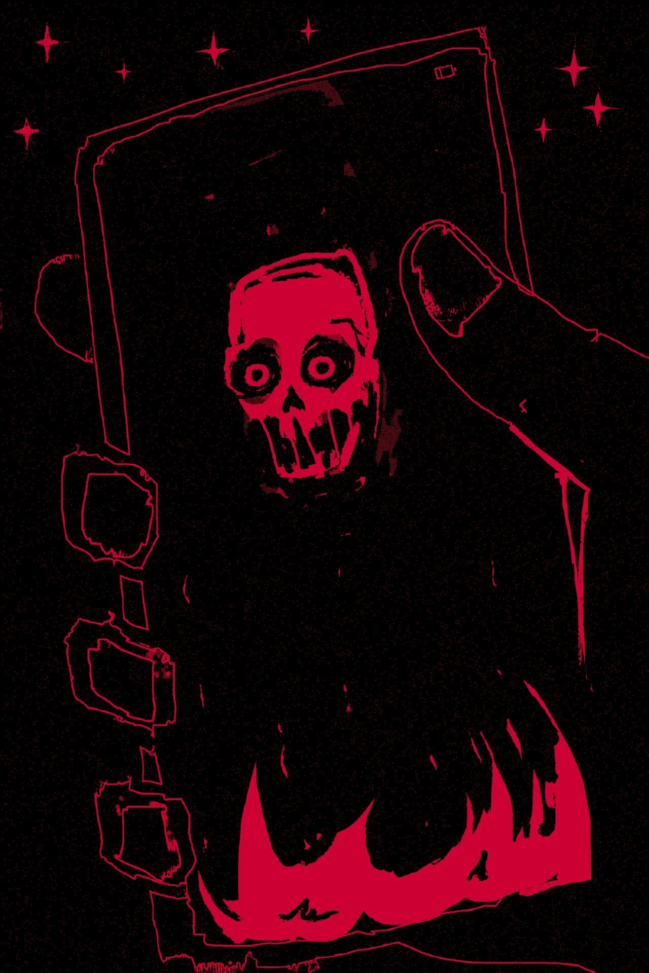 A red and black illustration of a creepy figure holding a knife and a book. - Skeleton