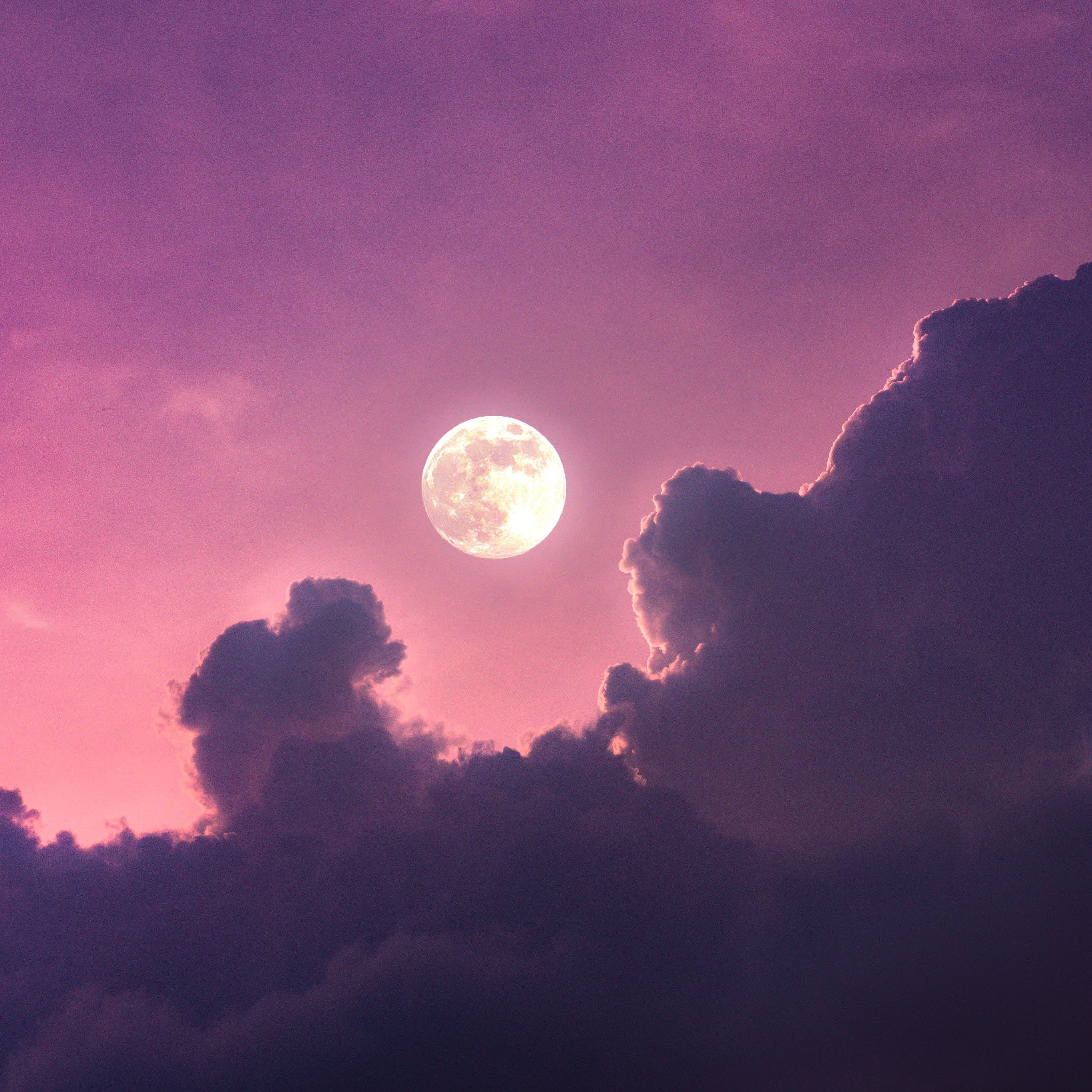 Full moon Wallpaper 4K, Clouds, Pink sky, Nature