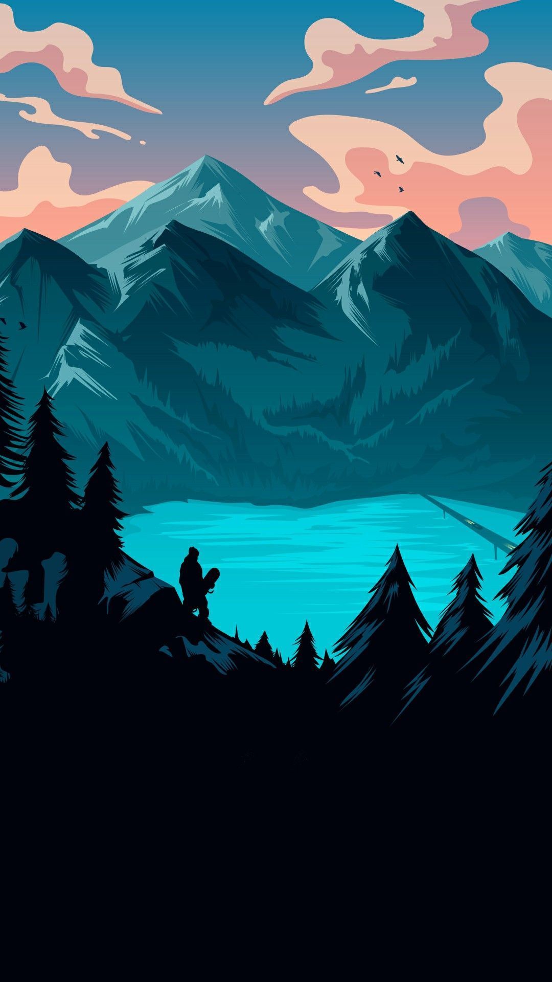 IPhone wallpaper with a landscape of a person sitting on a rock looking at a lake surrounded by trees and mountains - Clean