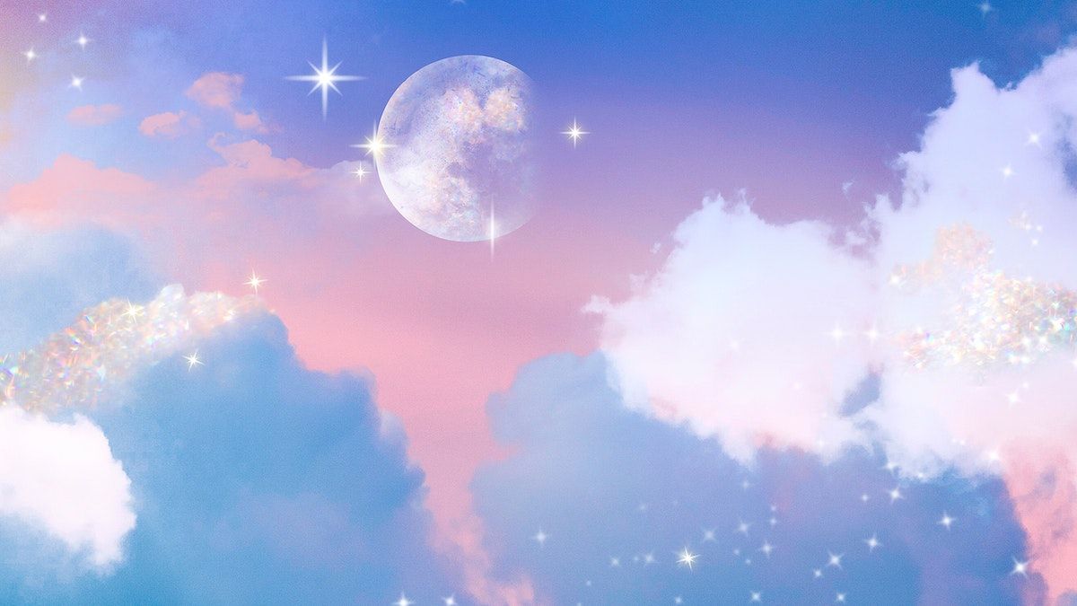 A moon and stars against a blue and pink sky - Moon