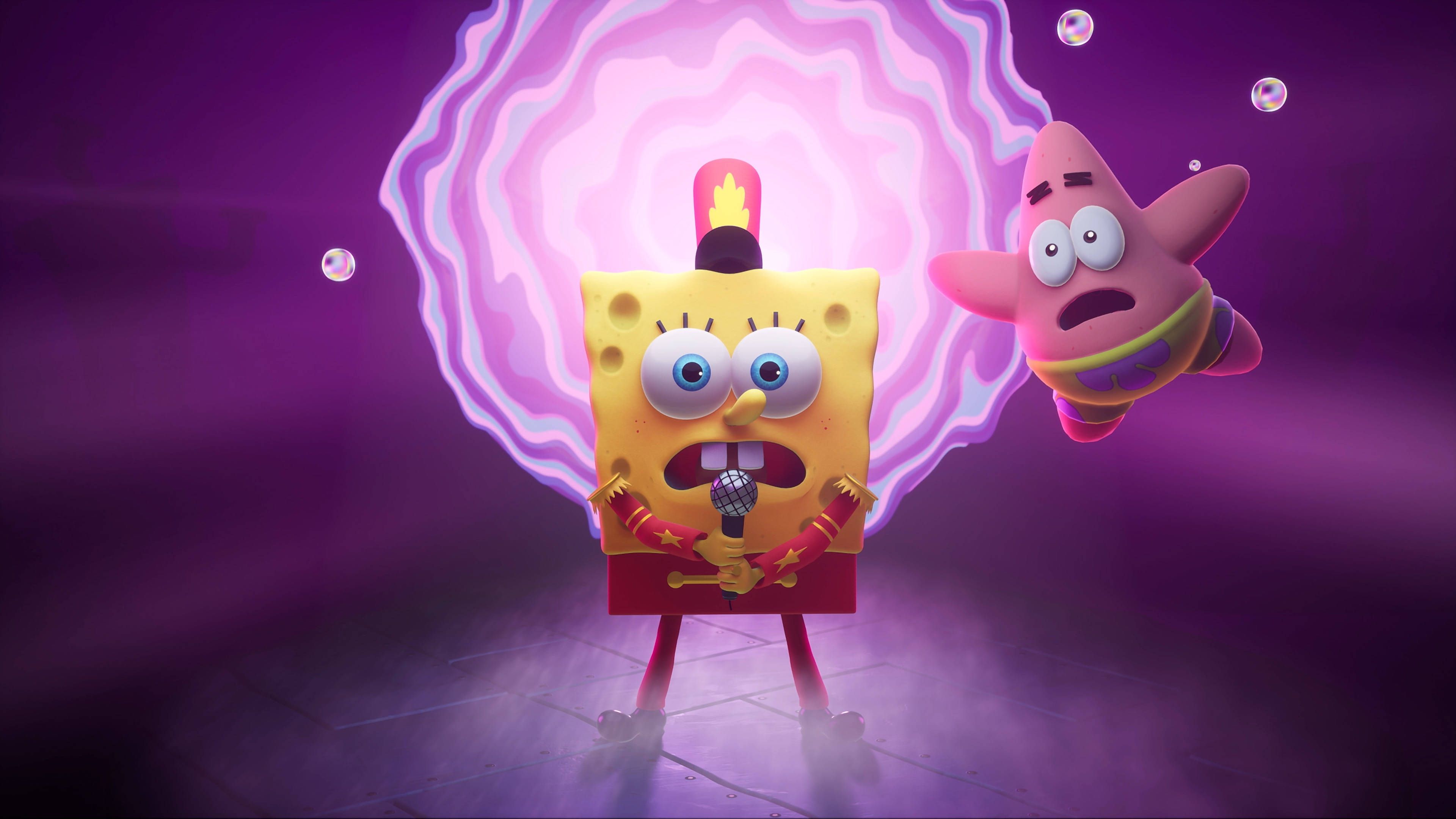 In this scene from The SpongeBob Movie: Sponge Out of Water, SpongeBob and Patrick are surrounded by a purple aura. - SpongeBob