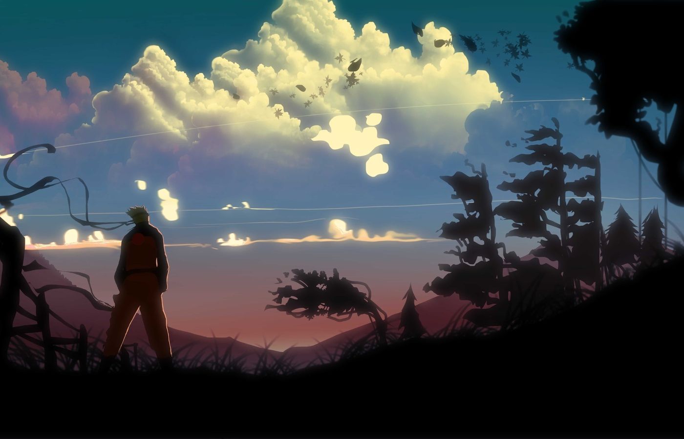 A man stands in a field with a cloudy sky - Naruto