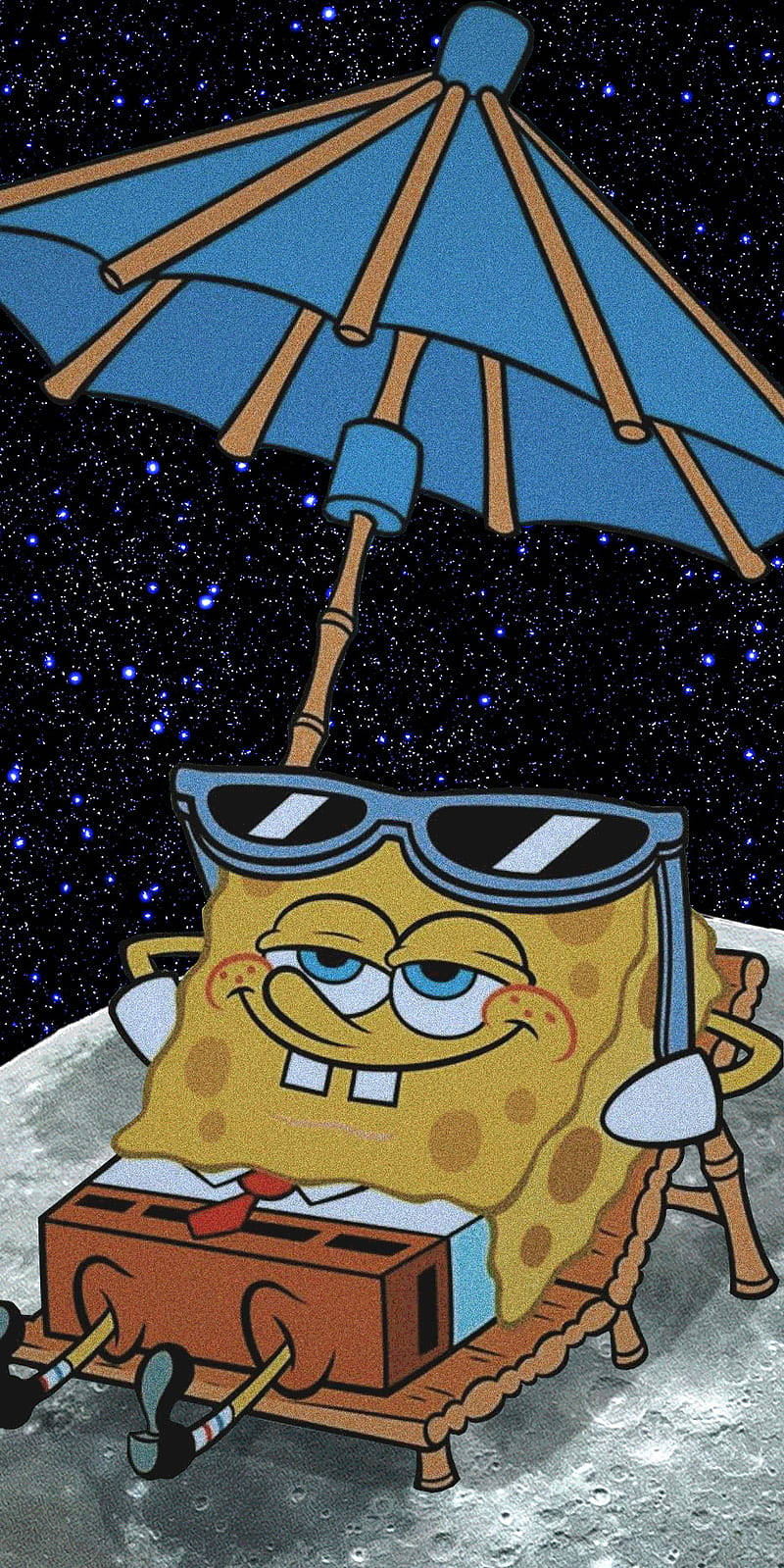 A cartoon sponge sitting under an umbrella - SpongeBob