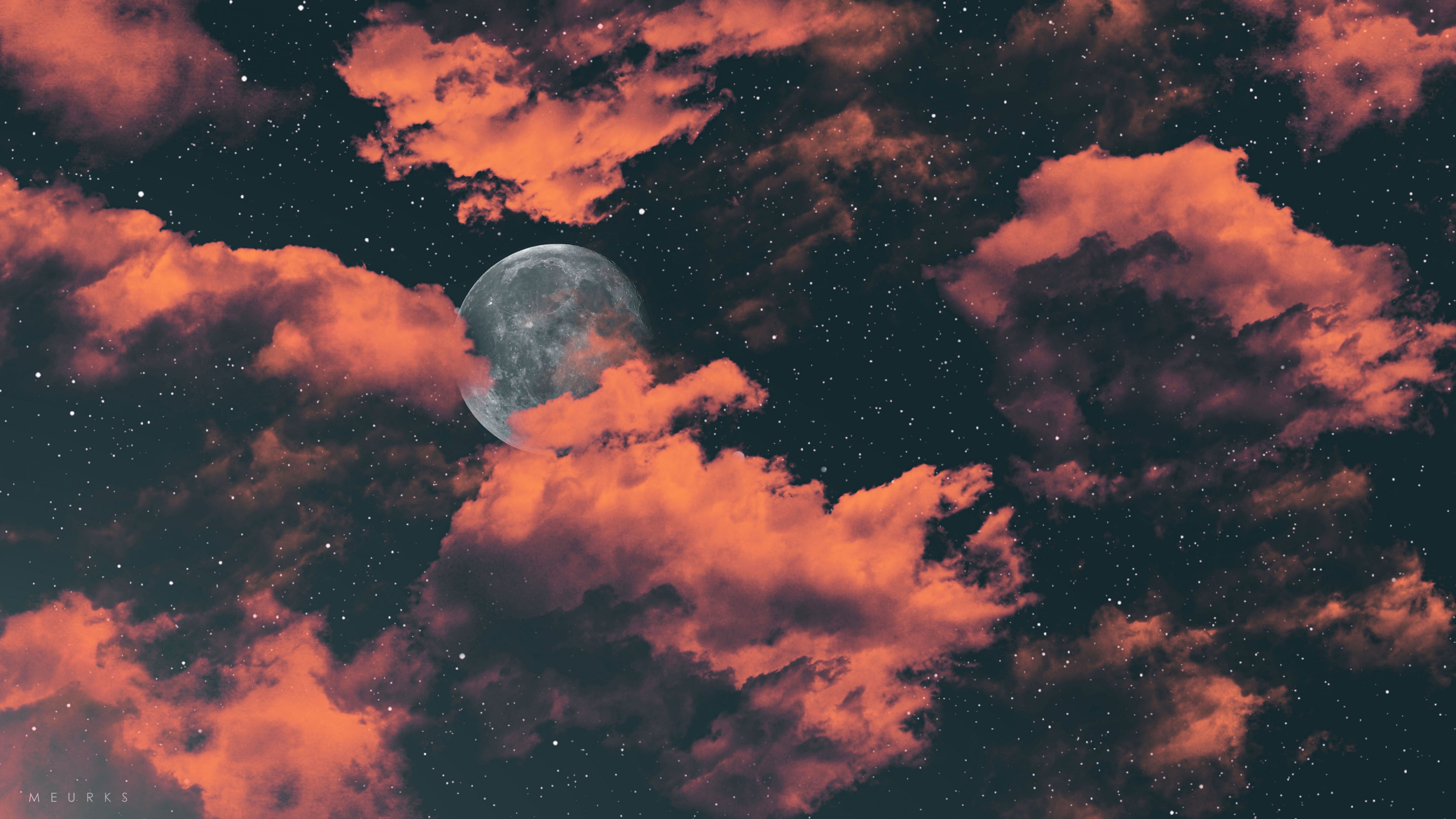 A moon is in the sky with clouds - Moon, dark orange