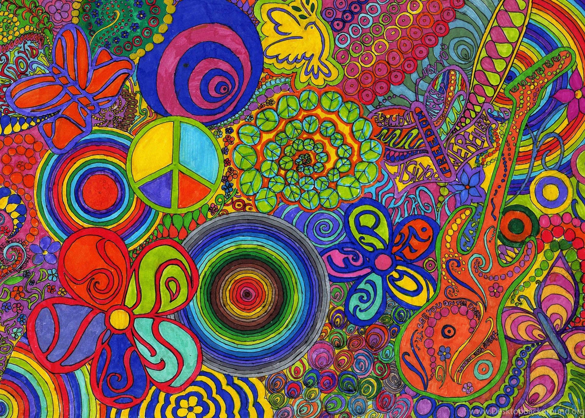A psychedelic painting of colorful flowers and peace signs - Indie