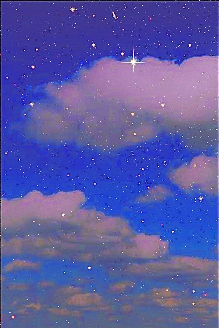 Aesthetic wallpaper of a blue sky with white clouds and stars - Indie