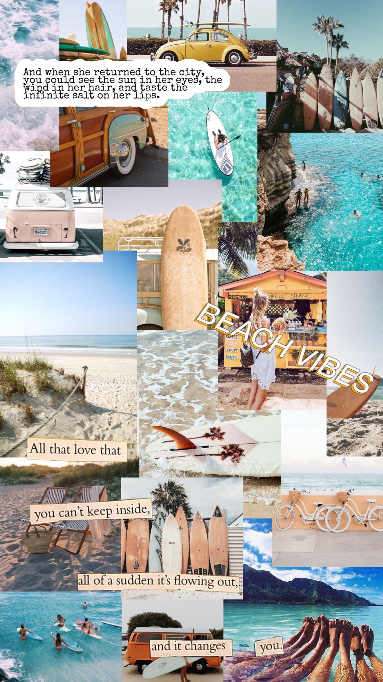 A collage of pictures with surf boards and beach scenes - Collage