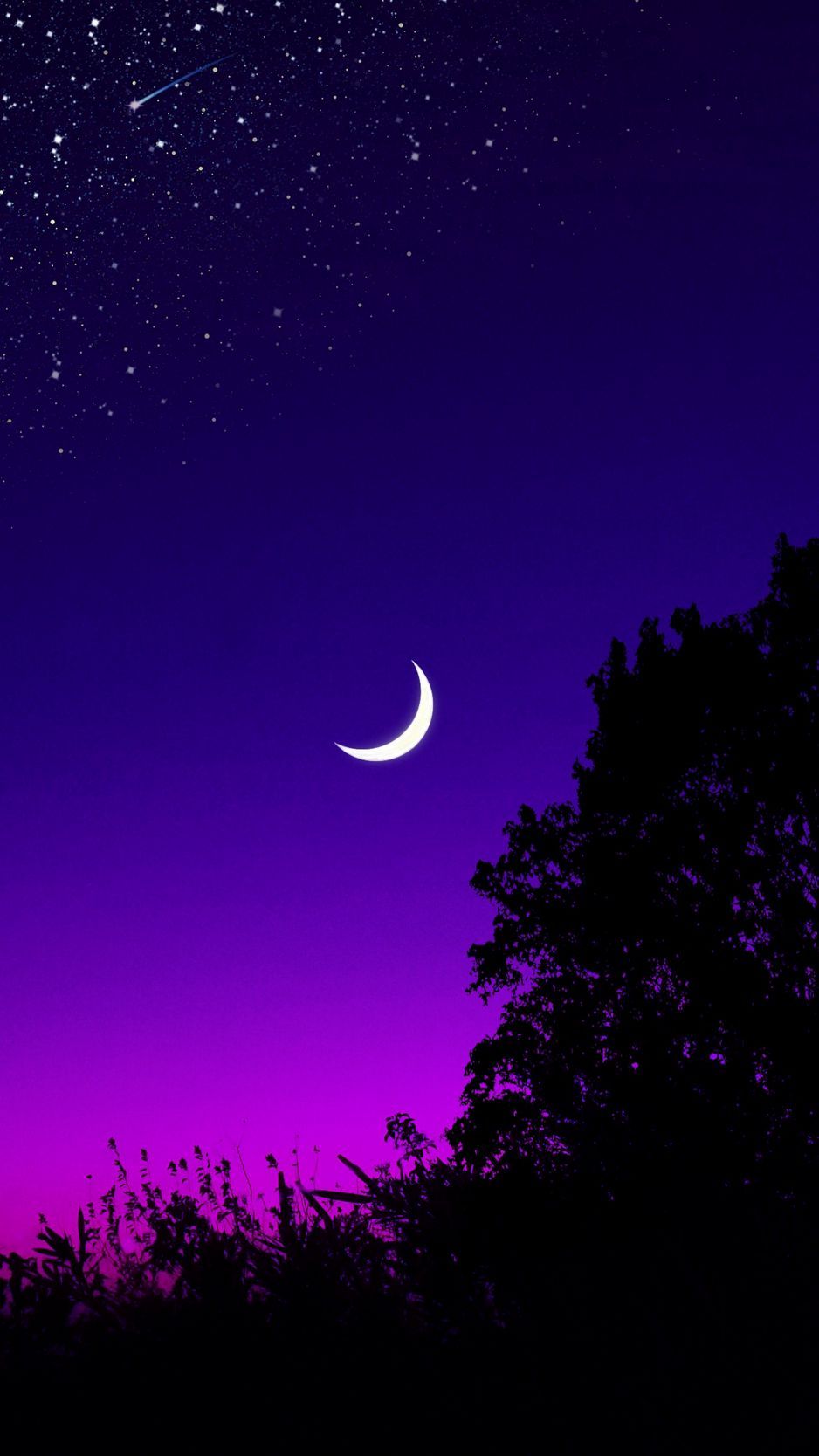 IPhone wallpaper of a crescent moon and stars in a purple sky - Moon