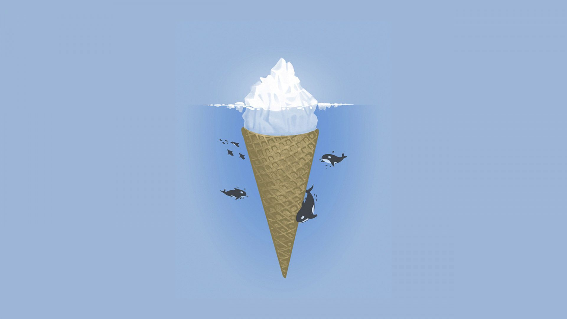 A melting ice cream cone with penguins swimming around it. - Minimalist, ice