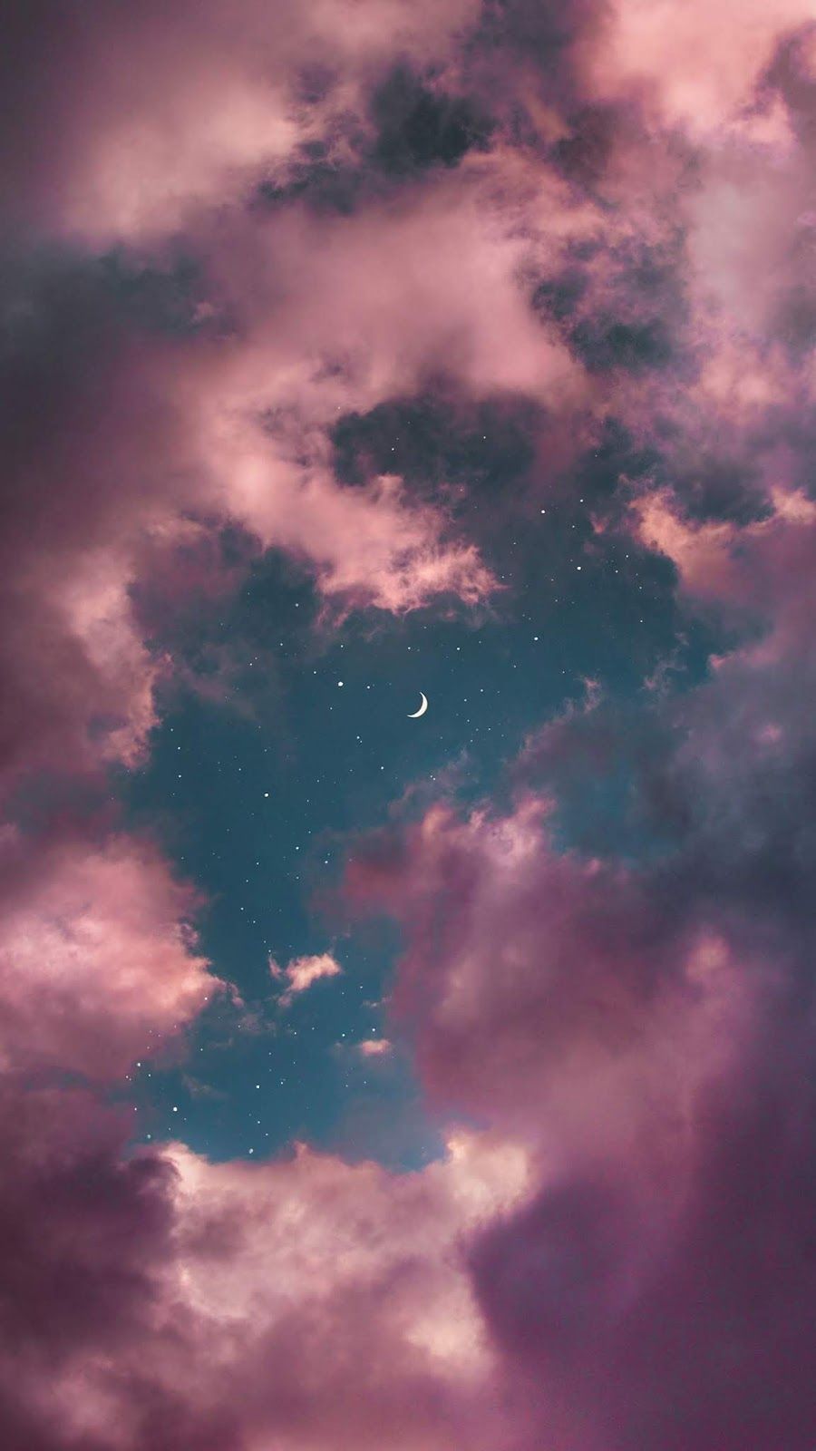 IPhone wallpaper of a cloudy sky with a crescent moon and stars. - Moon