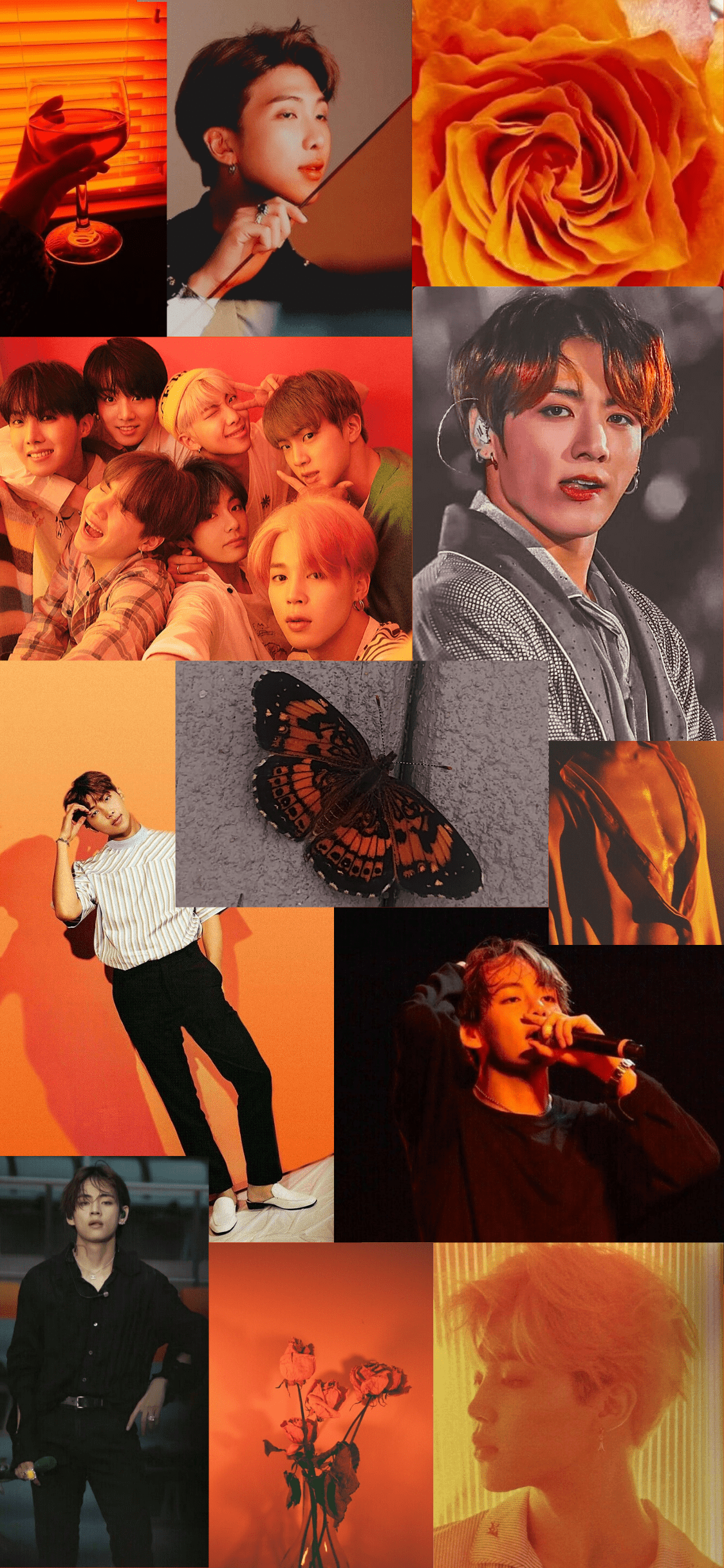 A collage of BTS members in orange and black. - Orange