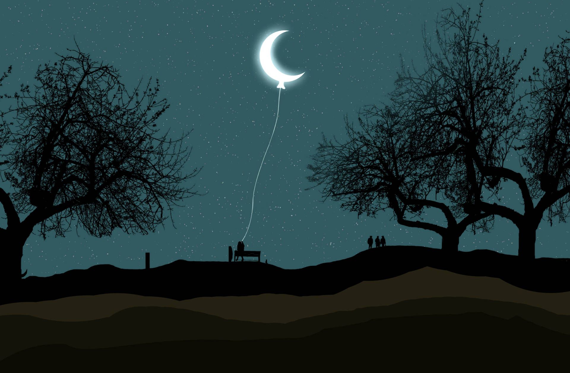 People standing on a hill at night, holding a string to a half moon. - Moon