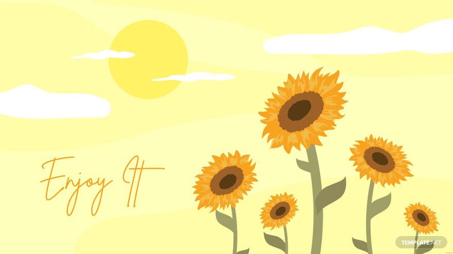 A yellow background with a sun and clouds and yellow sunflowers in the foreground. - Sunflower