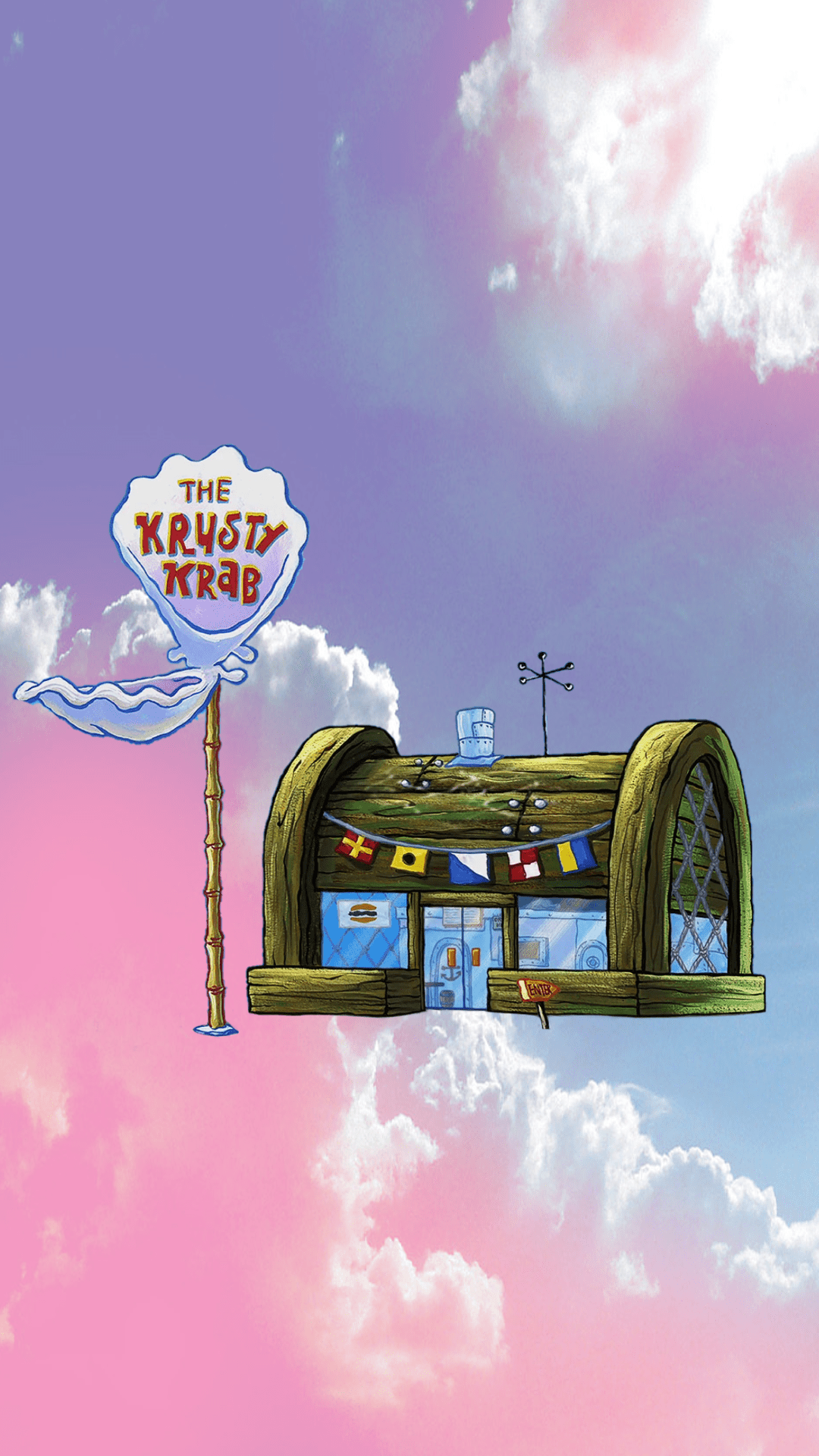 A cartoon building with clouds in the background - SpongeBob, lo fi