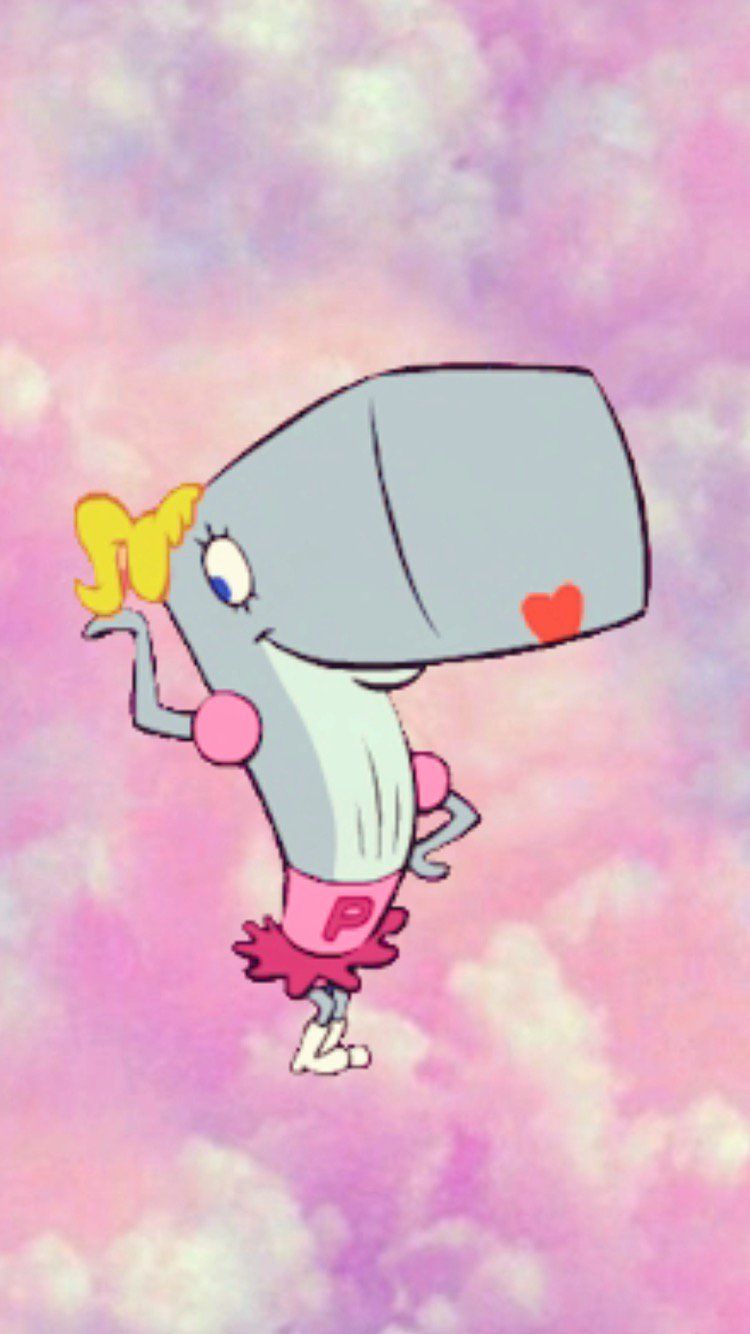 The cartoon character is wearing a pink dress and has an elongated nose - SpongeBob