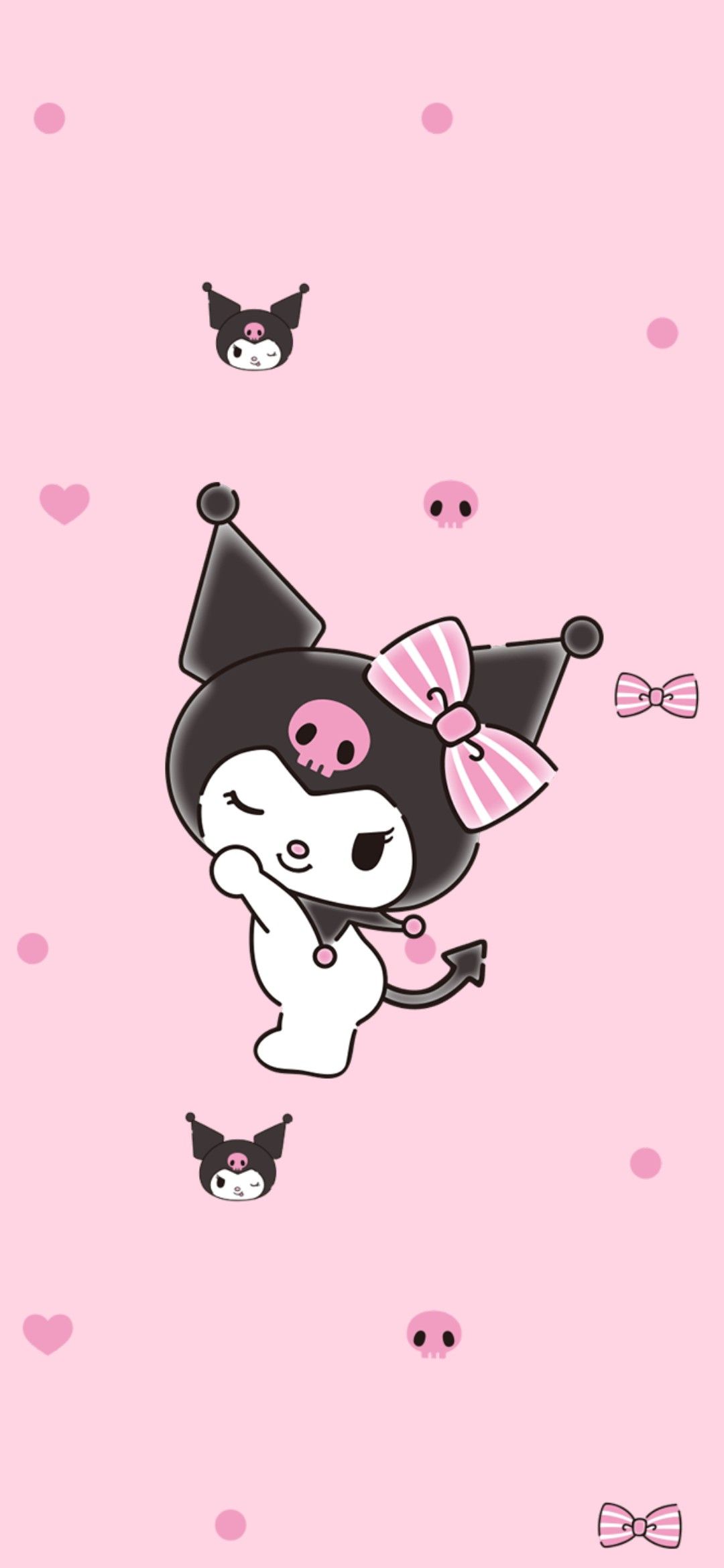 A cute pink and black cat with bows on its head - Kuromi