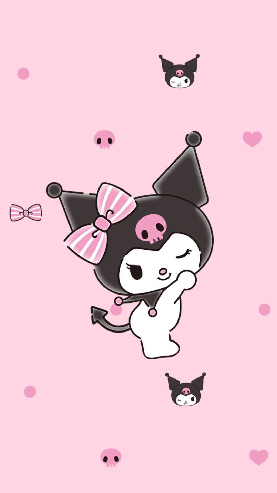 A cute pink and black cat with bows on it - Kuromi