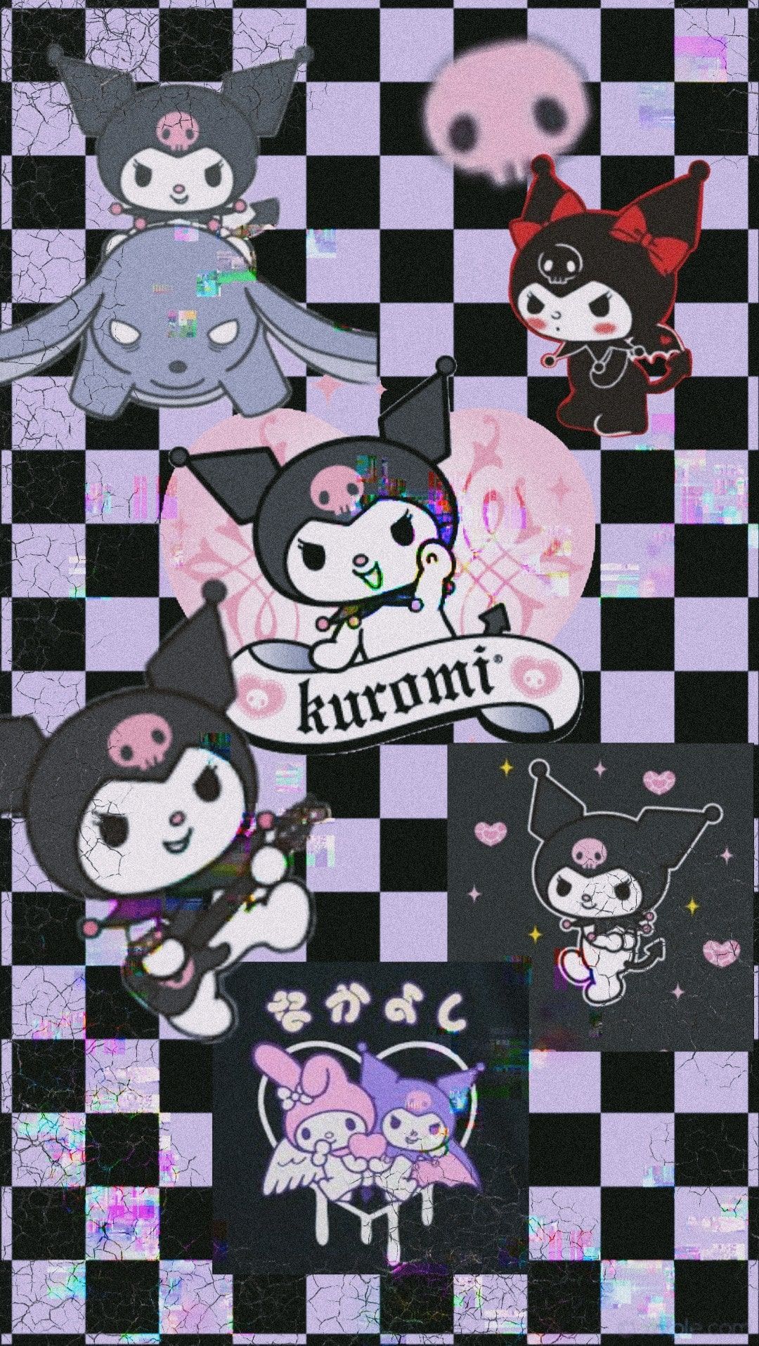 A collection of various cartoon characters on checkered background - Kuromi