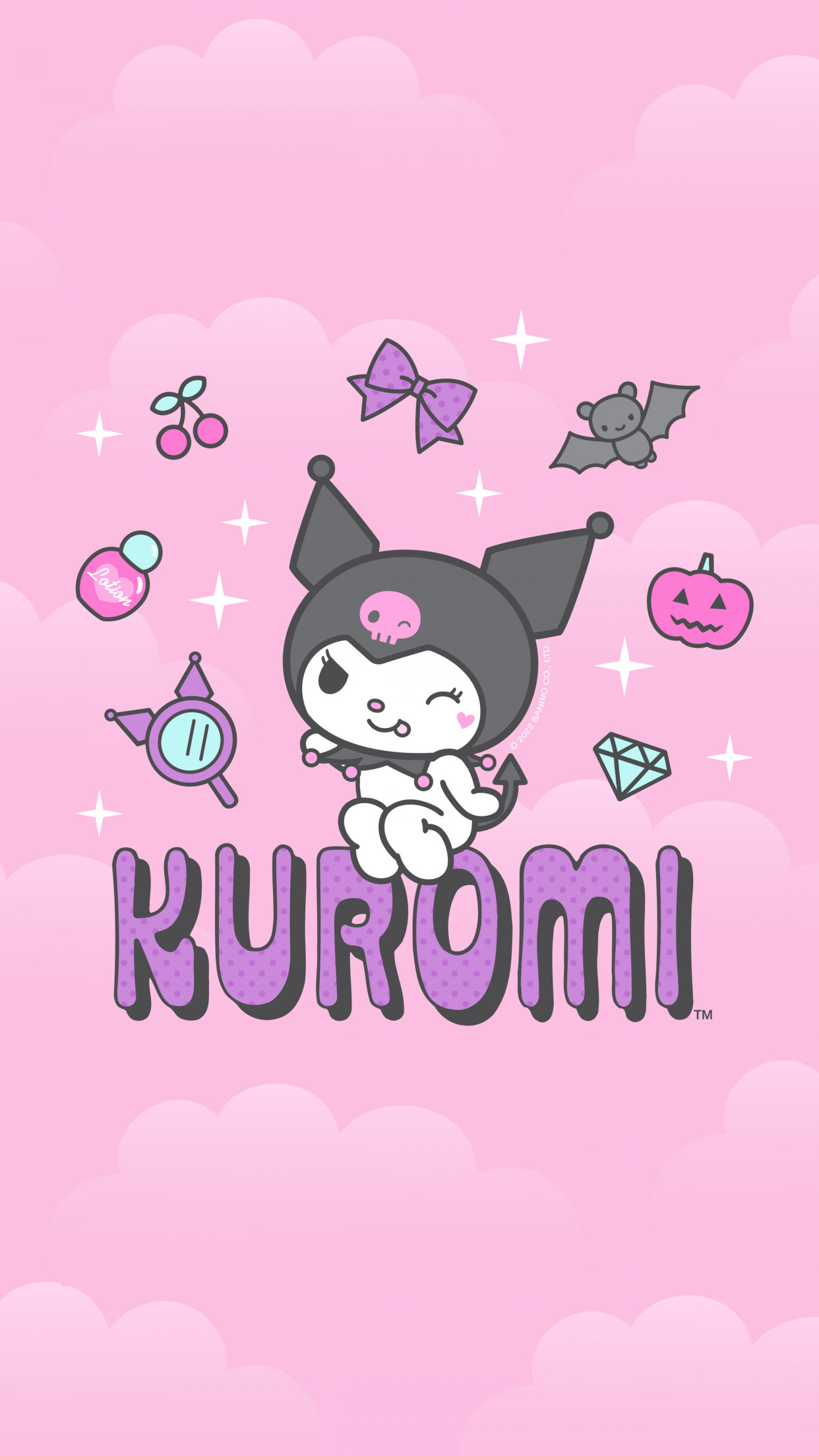 Kuromi, the black and white cat with a bow on her head, is sitting on the word KUROMI. - Kuromi, Hello Kitty, Sanrio