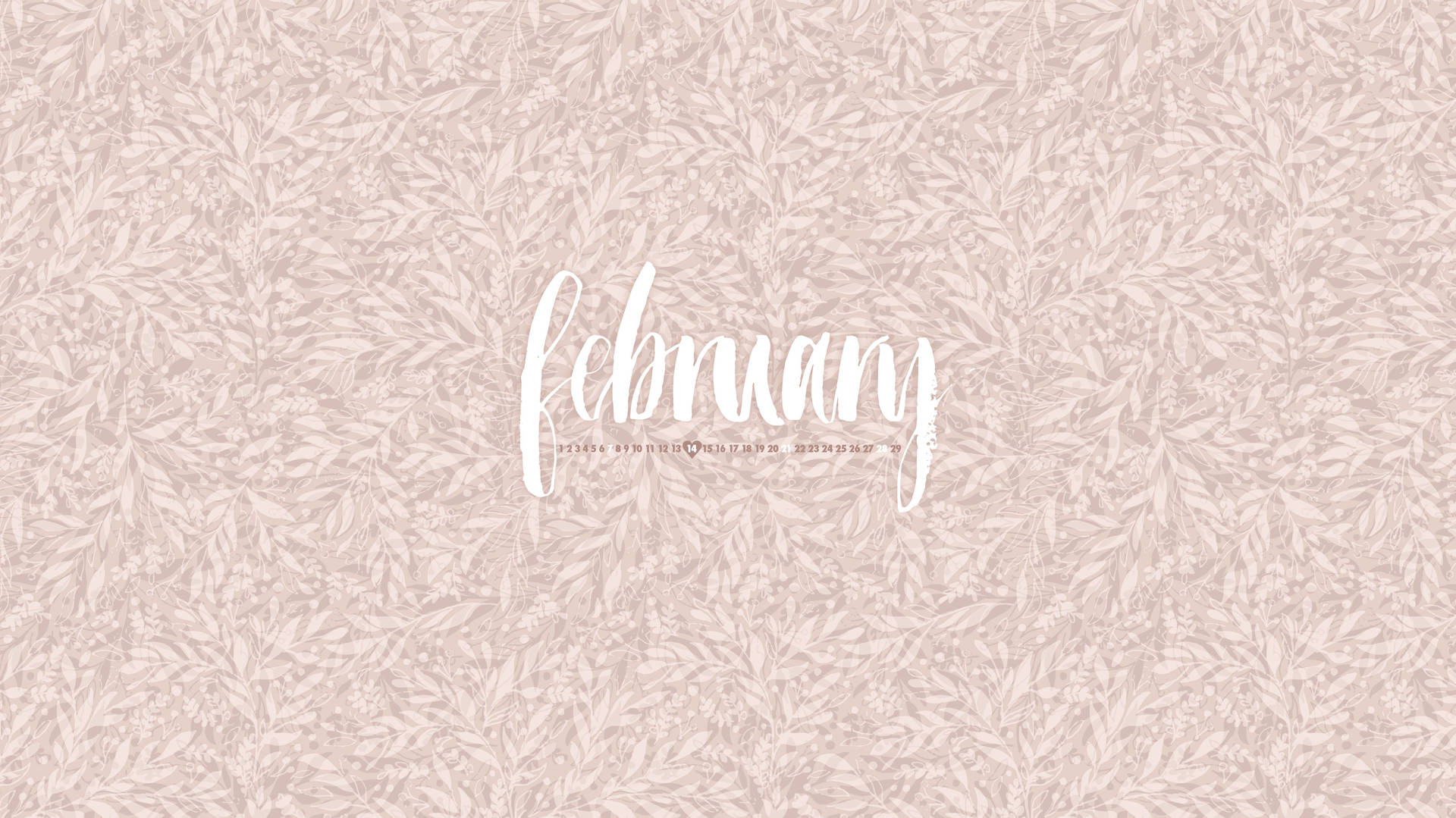 A free February desktop wallpaper with a soft pink and white color palette and a subtle leafy pattern. - February