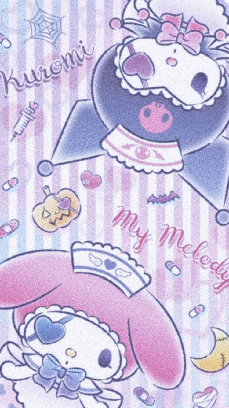 A hello kitty wallpaper with various characters - Kuromi, My Melody