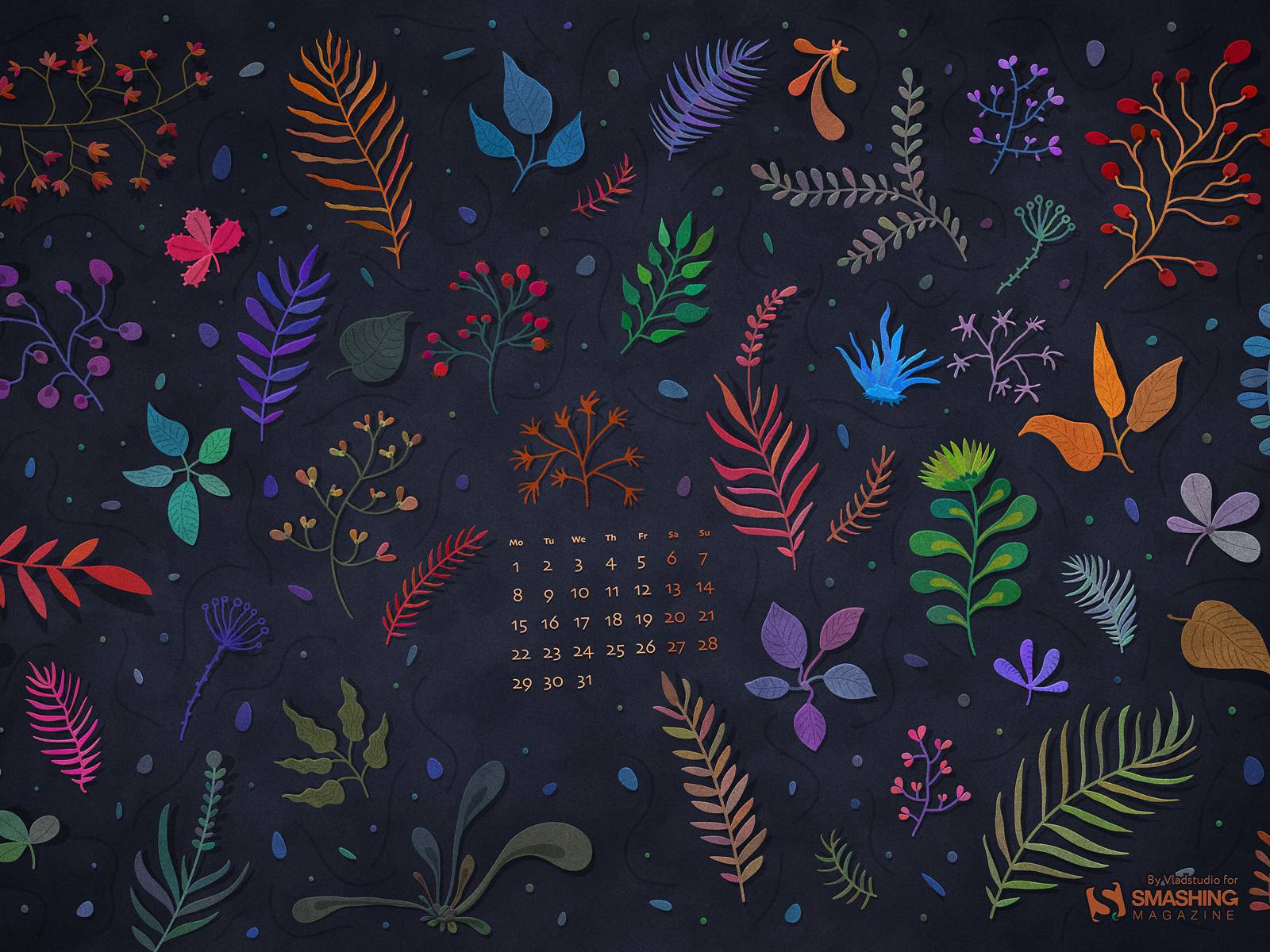 Colorful leaves on a dark blue background - March