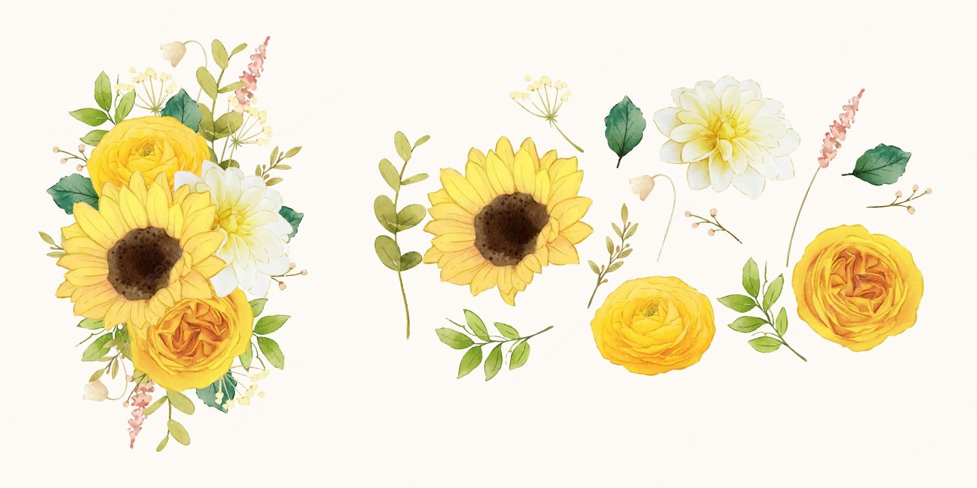 A collection of yellow flowers and leaves. - Sunflower