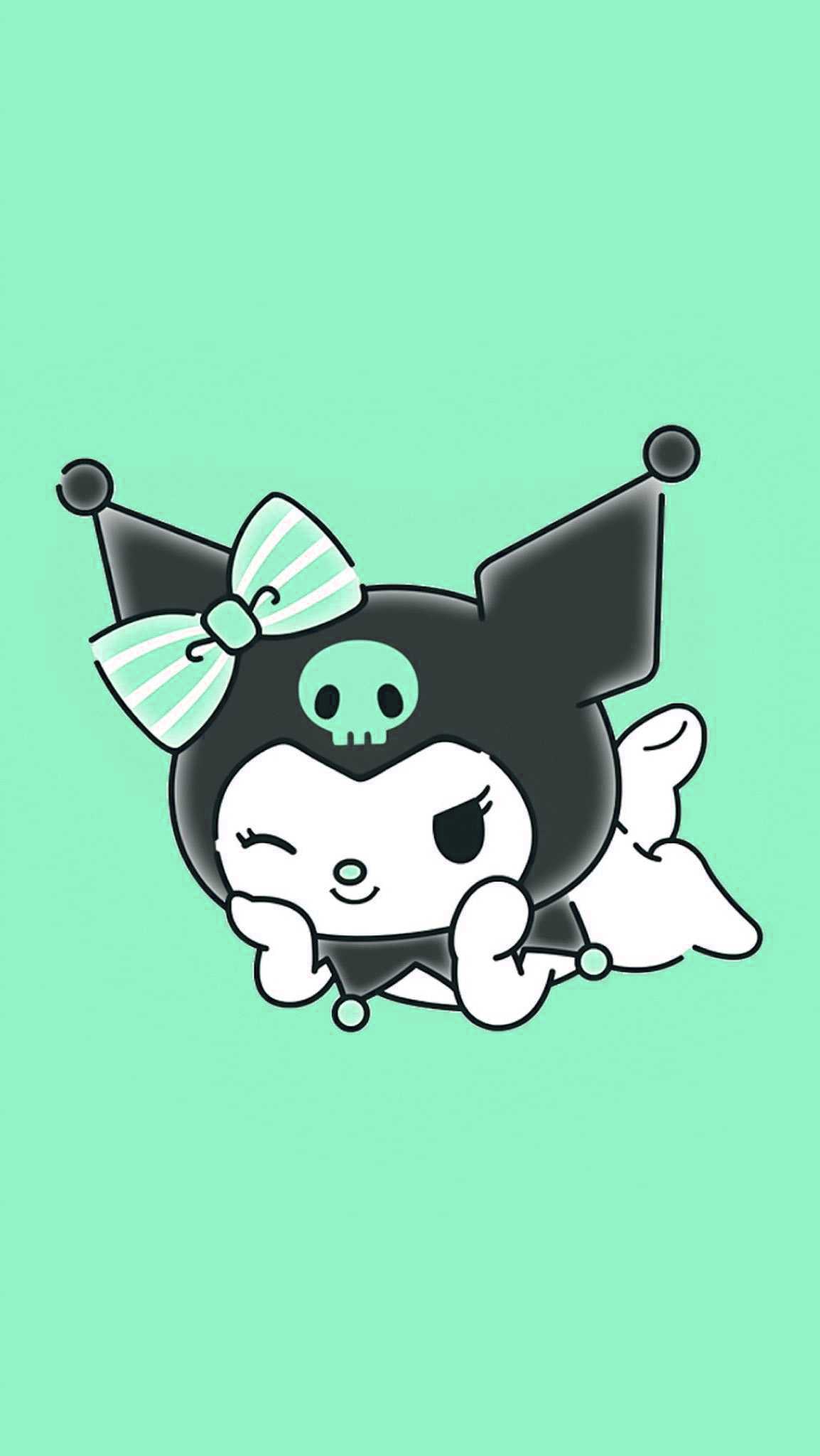 Kuromi laying on her stomach with a mint green bow in her hair and a mint green bow on her tail. - Kuromi
