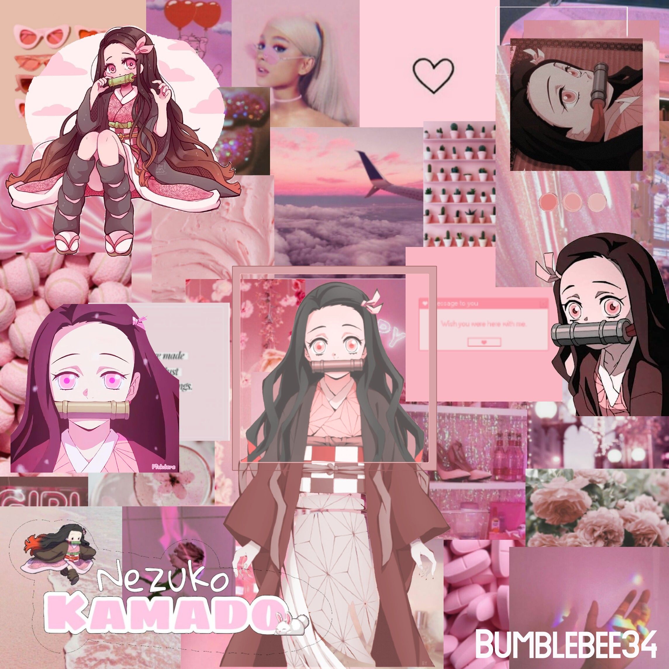 A collage of pictures with pink and purple backgrounds - Nezuko