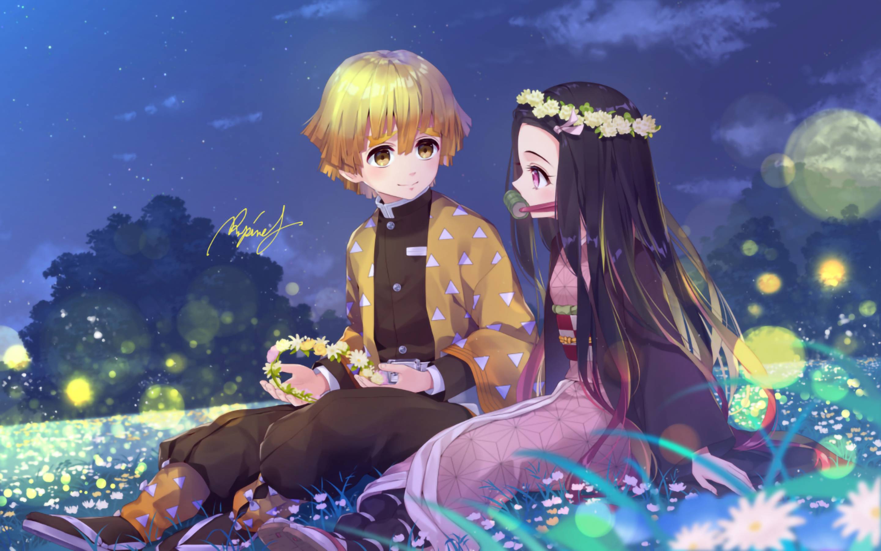 Anime couple sitting on the grass with flowers - Nezuko