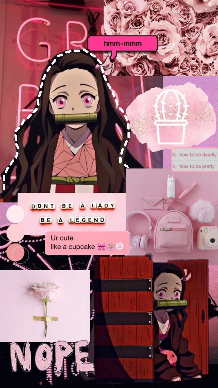 Aesthetic background with Demon Slayer characters and a pink theme - Nezuko