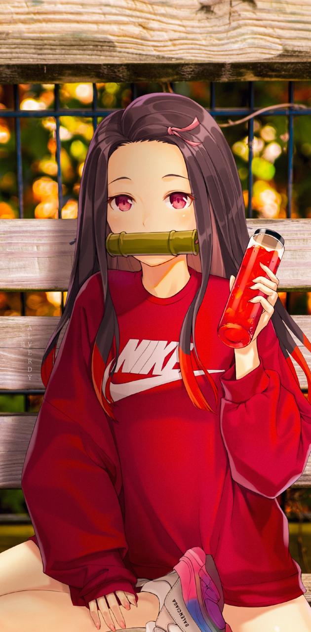 Anime girl sitting on a bench holding a drink - Nezuko