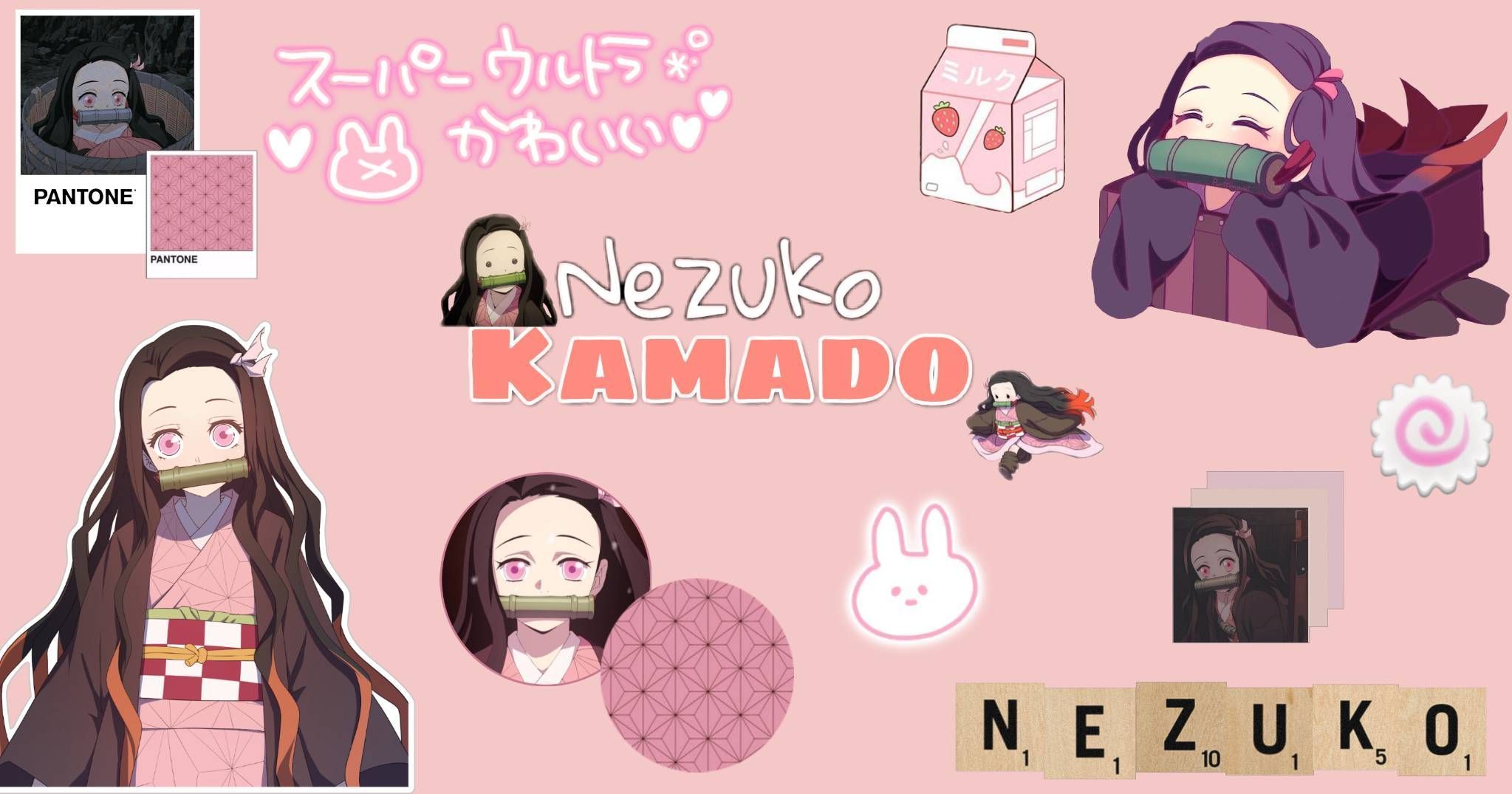 A pink background with various anime characters - Nezuko